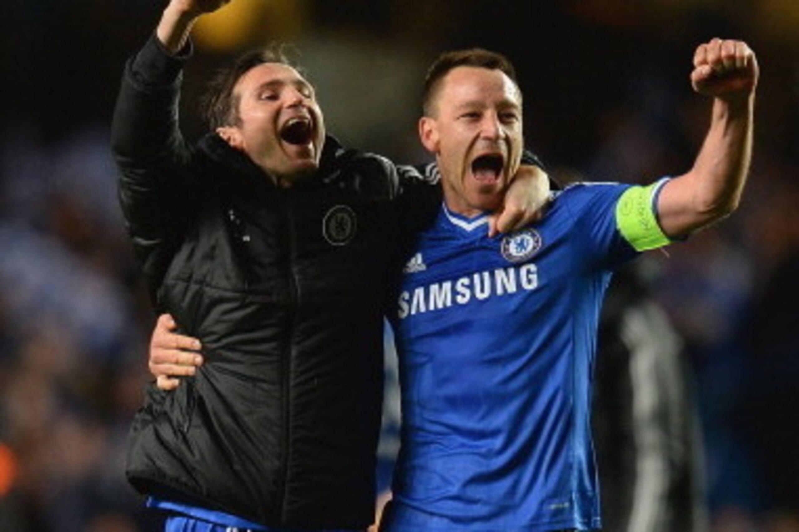 LONDON, ENGLAND - APRIL 08:  Frank Lampard and John Terry of Chelsea celebrate victory during the UEFA Champions League Quarter Final second leg match between Chelsea and Paris Saint-Germain FC at Stamford Bridge on April 8, 2014 in London, England.  (Pho