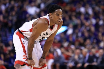 TORONTO, ON - APRIL 18:  DeMar DeRozan #10 of the Toronto Raptors looks on during a free-throw attempt in the second half of Game Two against the Indiana Pacers of the Eastern Conference Quarterfinals during the 2016 NBA Playoffs at the Air Canada Centre 