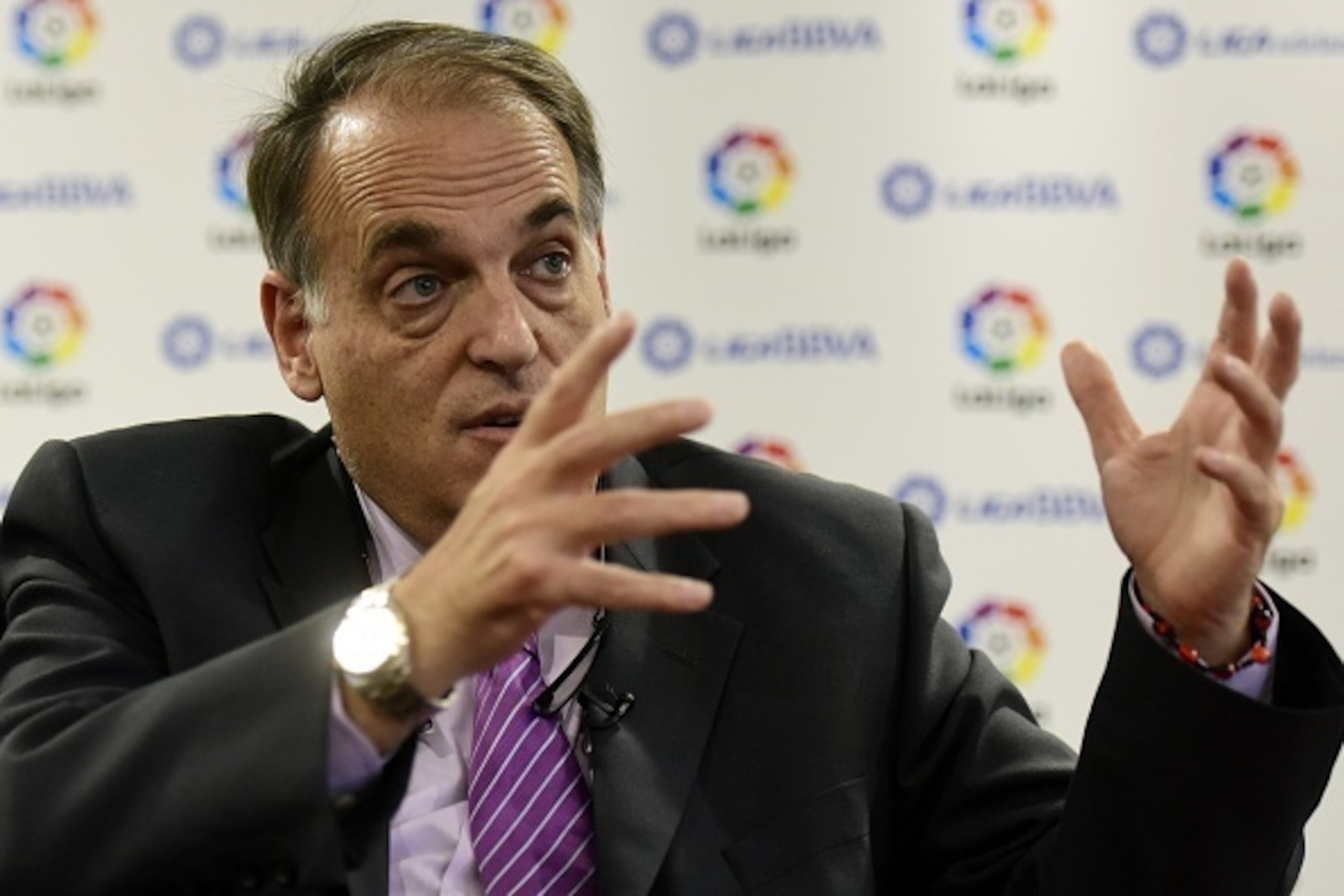 Spanish League Football President President Javier Tebas speaks during an interview with AFP in Madrid on November 17, 2015. The head of the Spanish league, Javier Tebas, believes Saturday's blockbuster clash between Real Madrid and Barcelona can help lea