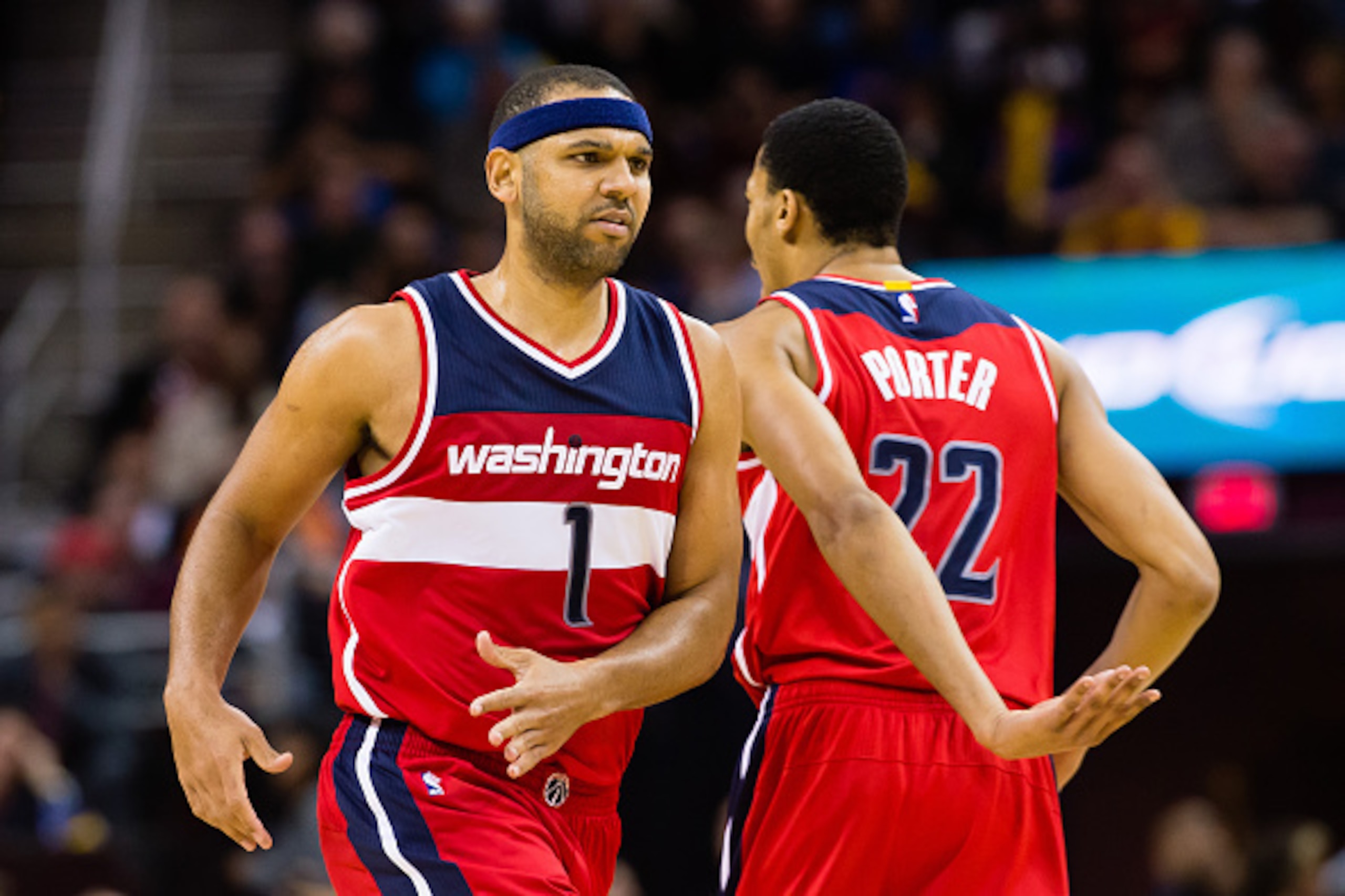 CLEVELAND, OH - DECEMBER 1: Jared Dudley #1 celebrates with Otto Porter Jr. #22 of the Washington Wizards during the second half at Quicken Loans Arena on December 1, 2015 in Cleveland, Ohio. The Wizards defeated the Cavaliers 97-85. (Photo by Jason Mille CLEVELAND, OH - DECEMBER 1: Jared Dudley #1 celebrates with Otto Porter Jr. #22 of the Washington Wizards during the second half at Quicken Loans Arena on December 1, 2015 in Cleveland, Ohio. The Wizards defeated the Cavaliers 97-85. (Photo by Jason Mille