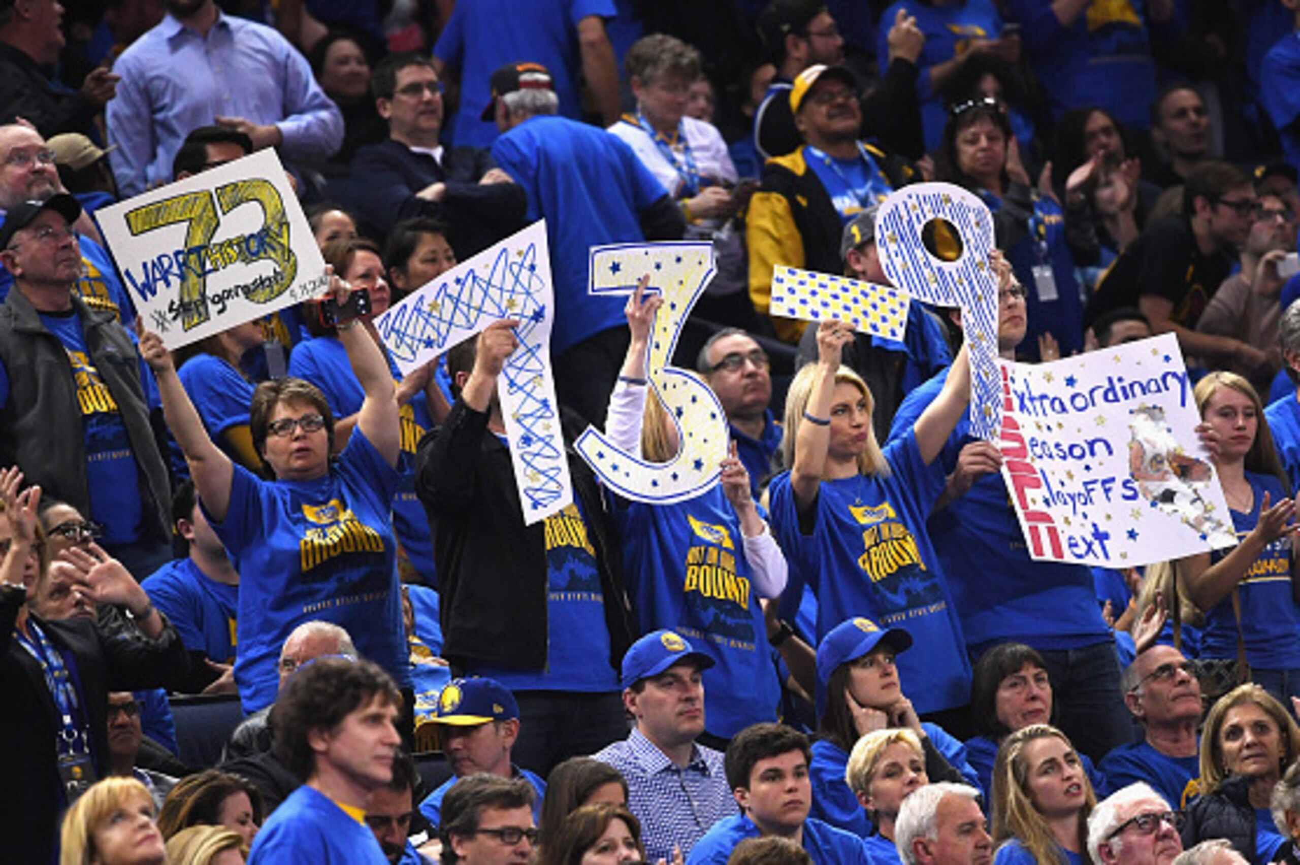 OAKLAND, CA - APRIL 13:  Golden State Warriors fans hold signs in the second half during the game between the Memphis Grizzlies and the Golden State Warriors at ORACLE Arena on April 13, 2016 in Oakland, California. By defeating the Memphis Grizzlies, the