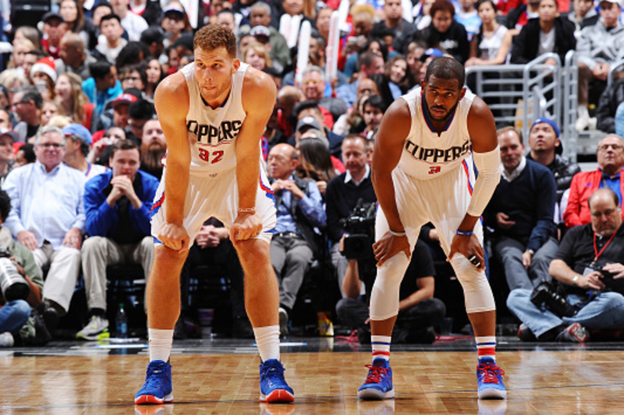 LOS ANGELES, CA - DECEMBER 16: Blake Griffin #32 and Chris Paul #3 of the Los Angeles Clippers during the game against the Milwaukee Bucks on December 16, 2015 at STAPLES Center in Los Angeles, California. NOTE TO USER: User expressly acknowledges and agr
