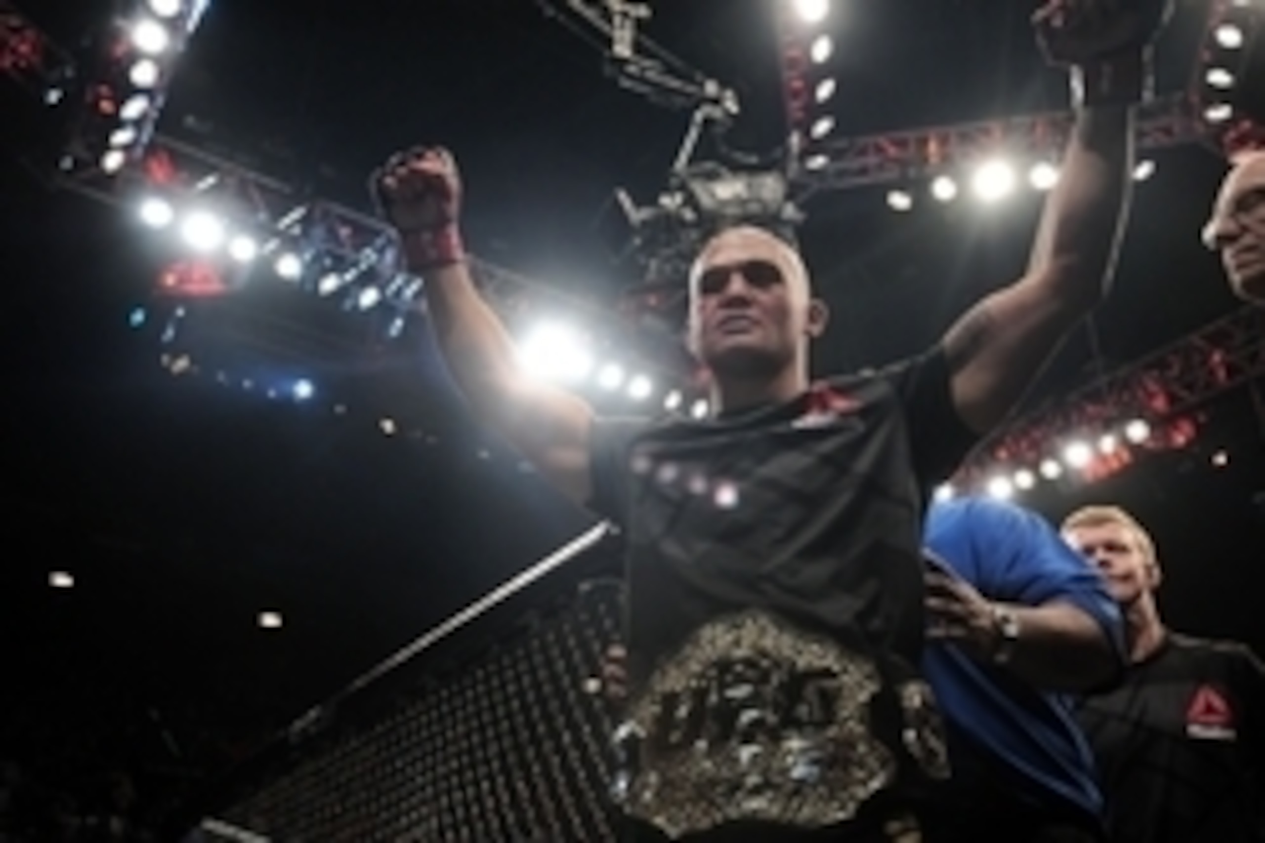 Jul 11, 2015; Las Vegas, NV, USA; Robbie Lawler celebrates after defeating Rory MacDonald (not pictured) in their welterweight title bout during UFC 189 at MGM Grand Garden Arena. Lawler won via fifth round TKO. Mandatory Credit: Joe Camporeale-USA TODAY