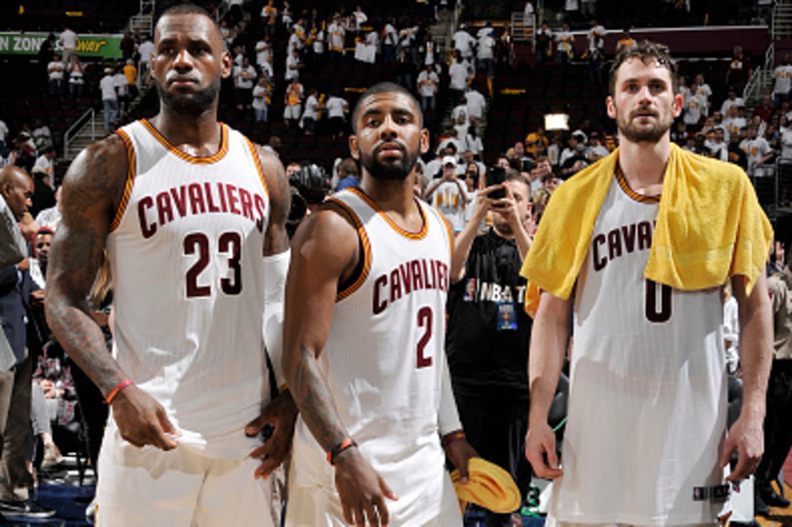 CLEVELAND, OH - APRIL 17: LeBron James #23 and Kyrie Irving #2 and Kevin Love #0 of the Cleveland Cavaliers are seen after the game against the Detroit Pistons in Game One of the Eastern Conference Quarterfinals during the 2016 NBA Playoffs at The Quicken
