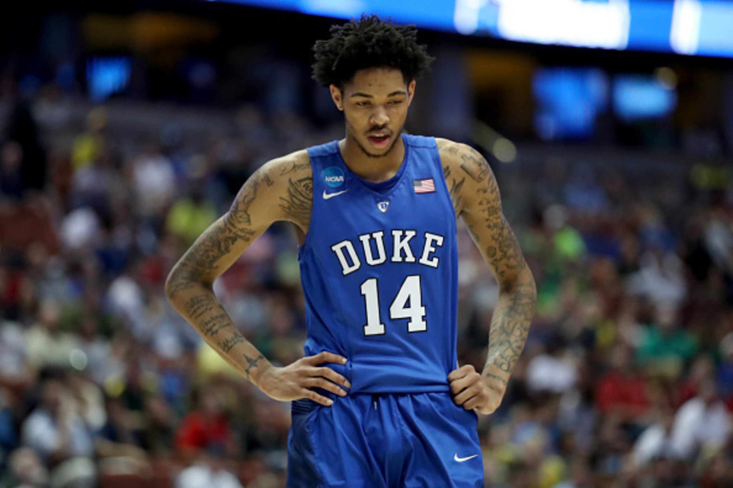 ANAHEIM, CA - MARCH 24:  Brandon Ingram #14 of the Duke Blue Devils looks down in the second half while taking on the Oregon Ducks in the 2016 NCAA Men's Basketball Tournament West Regional at the Honda Center on March 24, 2016 in Anaheim, California.  (P