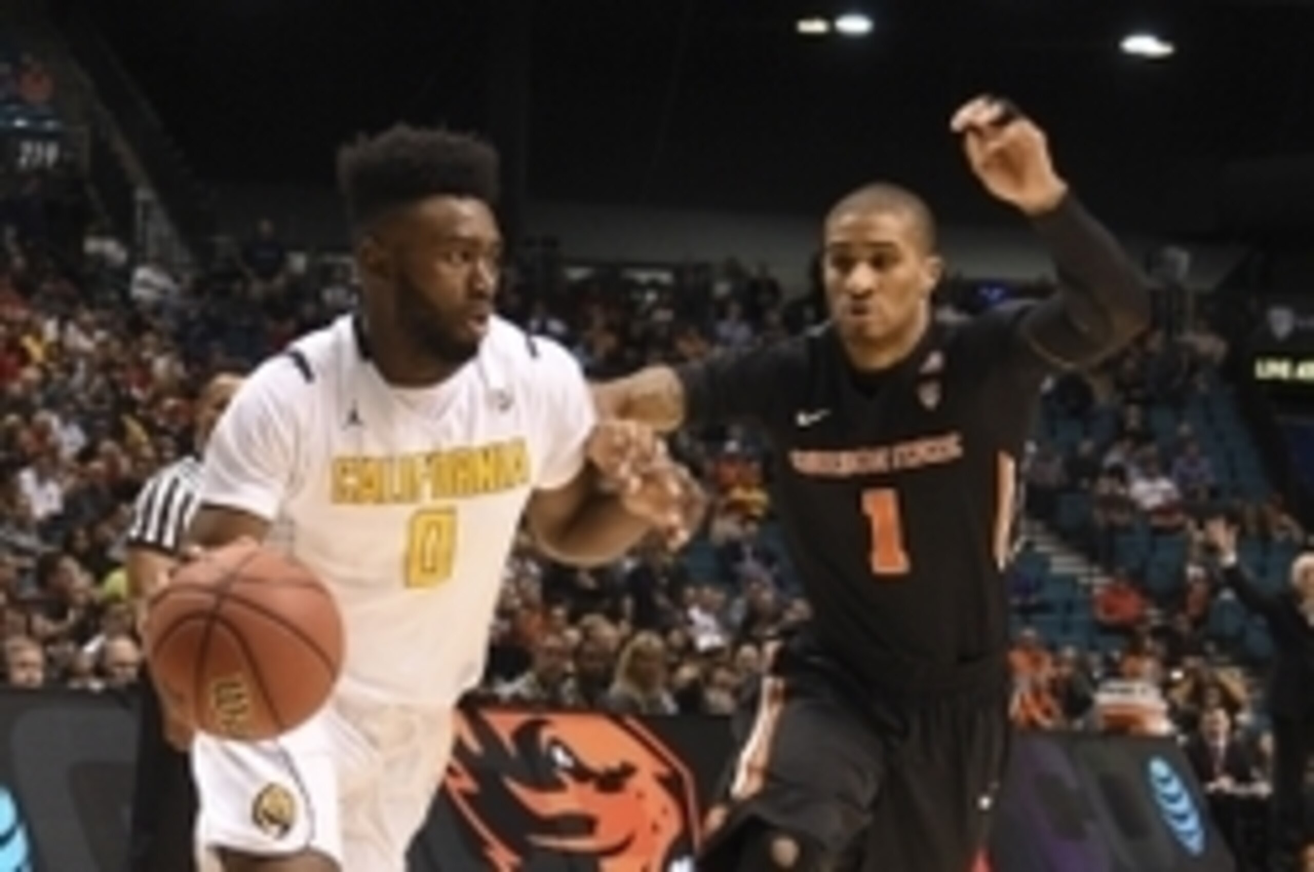 March 10, 2016; Las Vegas, NV, USA; California Golden Bears forward Jaylen Brown (0) dribbles the basketball against Oregon State Beavers guard Gary Payton II (1) during the second half of the Pac-12 Conference tournament at MGM Grand Garden Arena. The Go