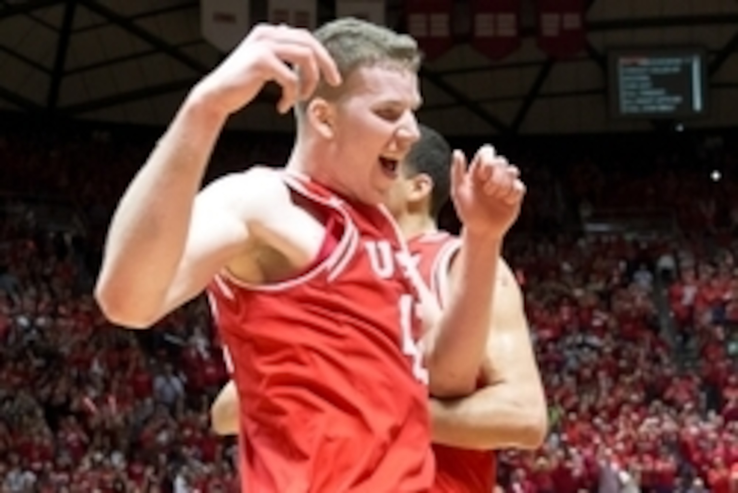 Feb 27, 2016; Salt Lake City, UT, USA; Utah Utes forward Jakob Poeltl (42) reacts after defeating the Arizona Wildcats 70-64 at Jon M. Huntsman Center. Mandatory Credit: Russ Isabella-USA TODAY Sports