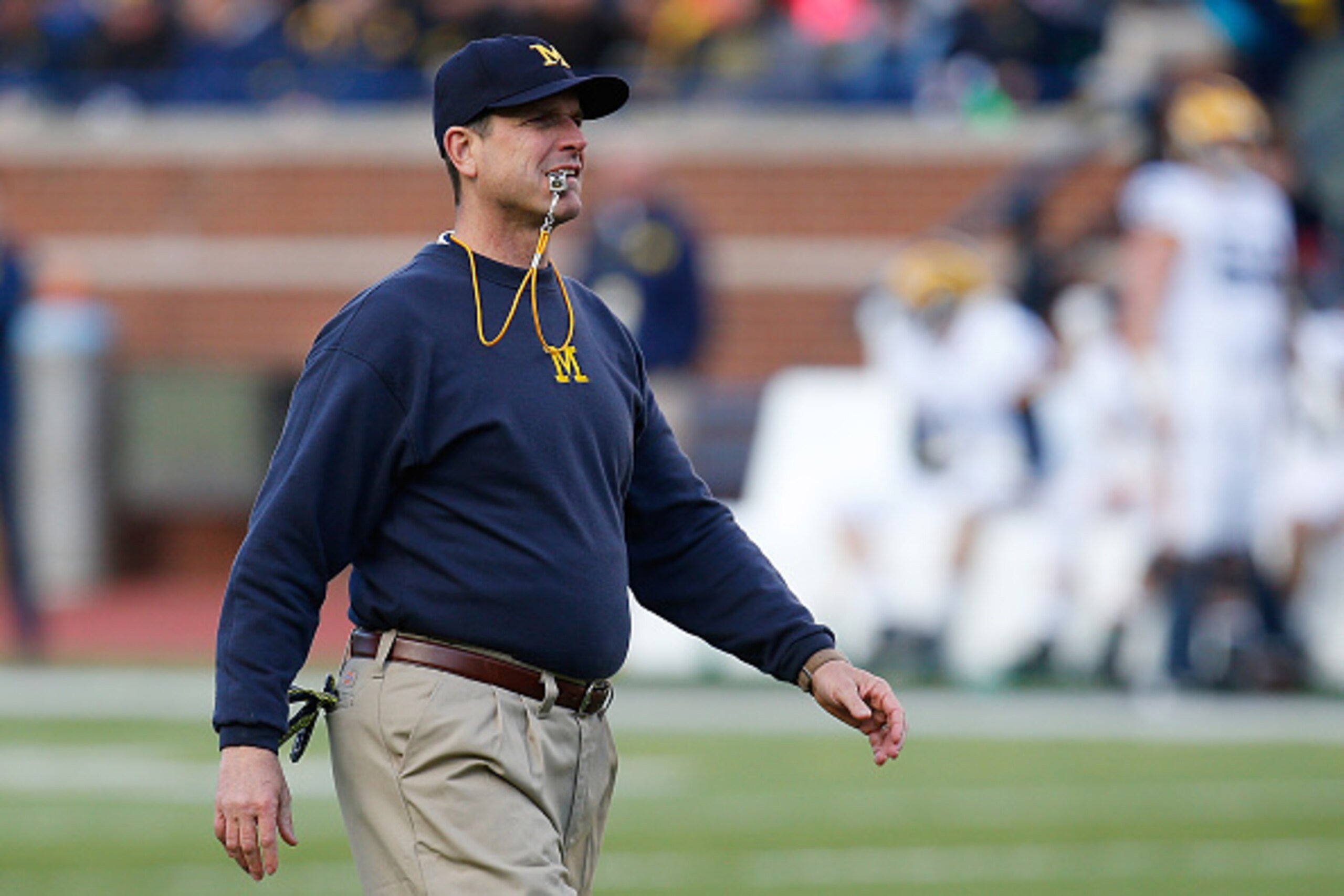 ANN ARBOR, MI - APRIL 01: Head coach Jim Harbaugh looks on during the Michigan Football Spring Game on April 1, 2016 at Michigan Stadium in Ann Arbor, Michigan.  (Photo by Gregory Shamus/Getty Images)