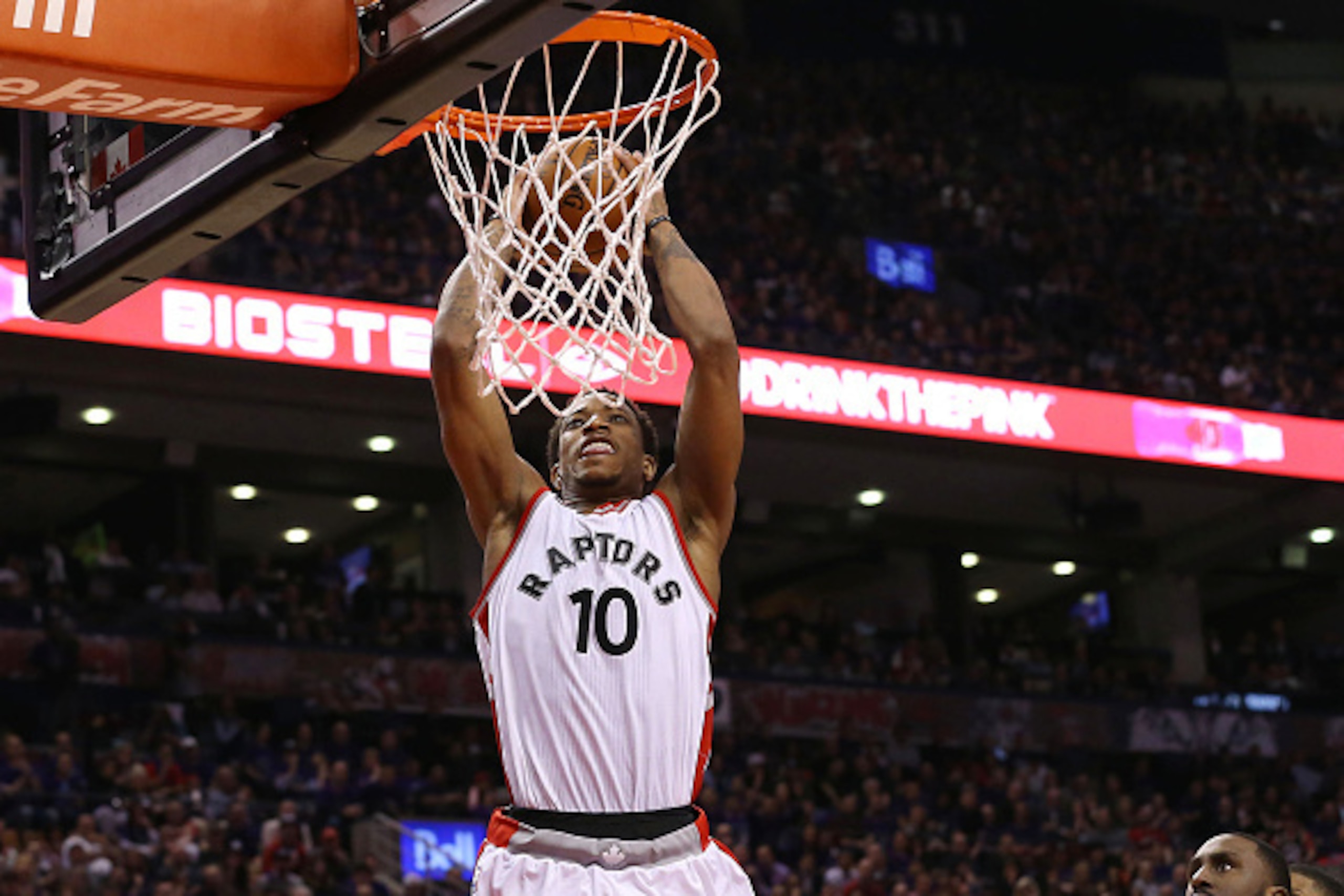 TORONTO, CANADA - APRIL 18:  DeMar DeRozan #10 of the Toronto Raptors goes up for a dunk against the Indiana Pacers in Game Two of the Eastern Conference Quarterfinals during the 2016 NBA Playoffs on April 18, 2016 at the Air Canada Centre in Toronto, Ont