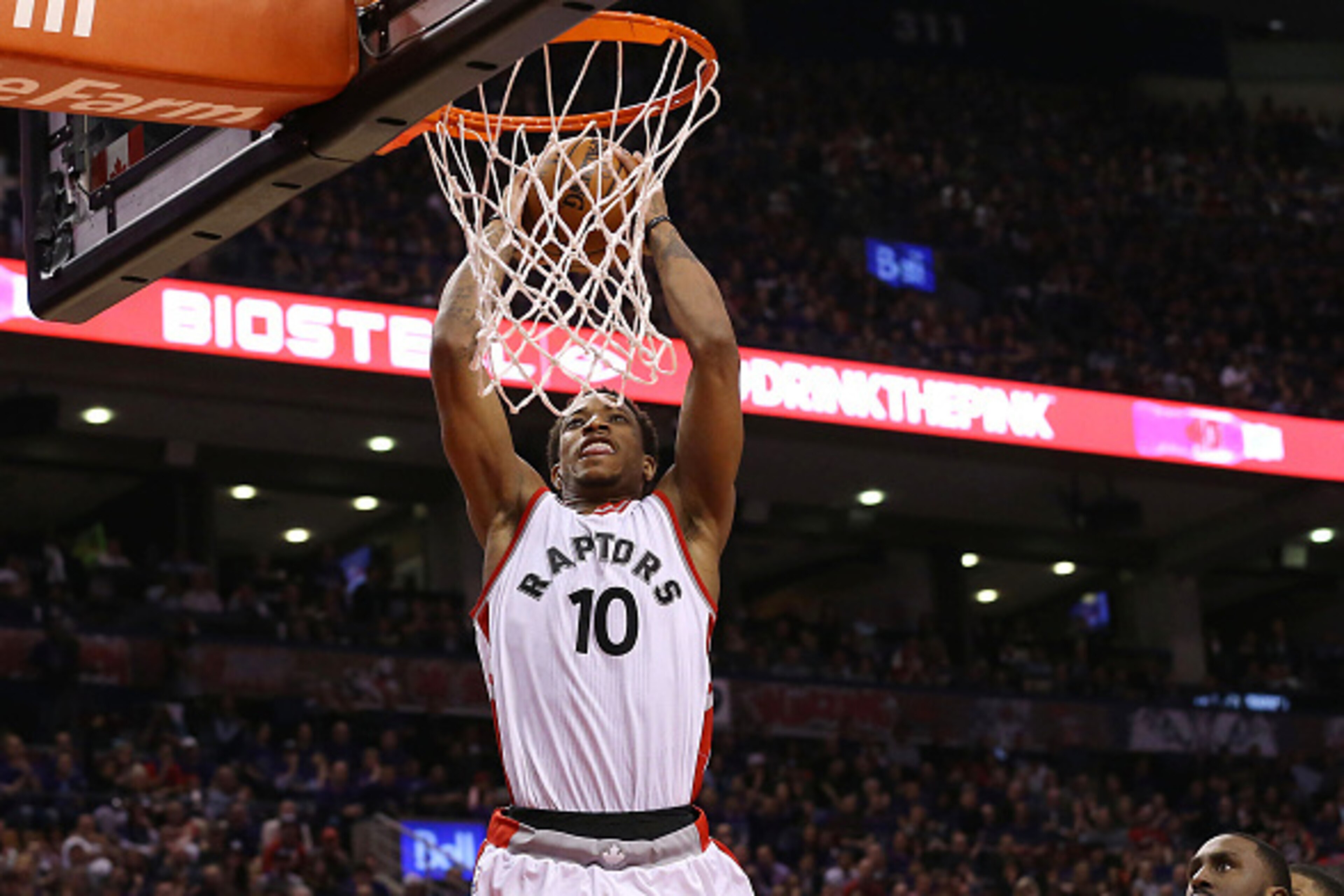 TORONTO, CANADA - APRIL 18:  DeMar DeRozan #10 of the Toronto Raptors goes up for a dunk against the Indiana Pacers in Game Two of the Eastern Conference Quarterfinals during the 2016 NBA Playoffs on April 18, 2016 at the Air Canada Centre in Toronto, Ont