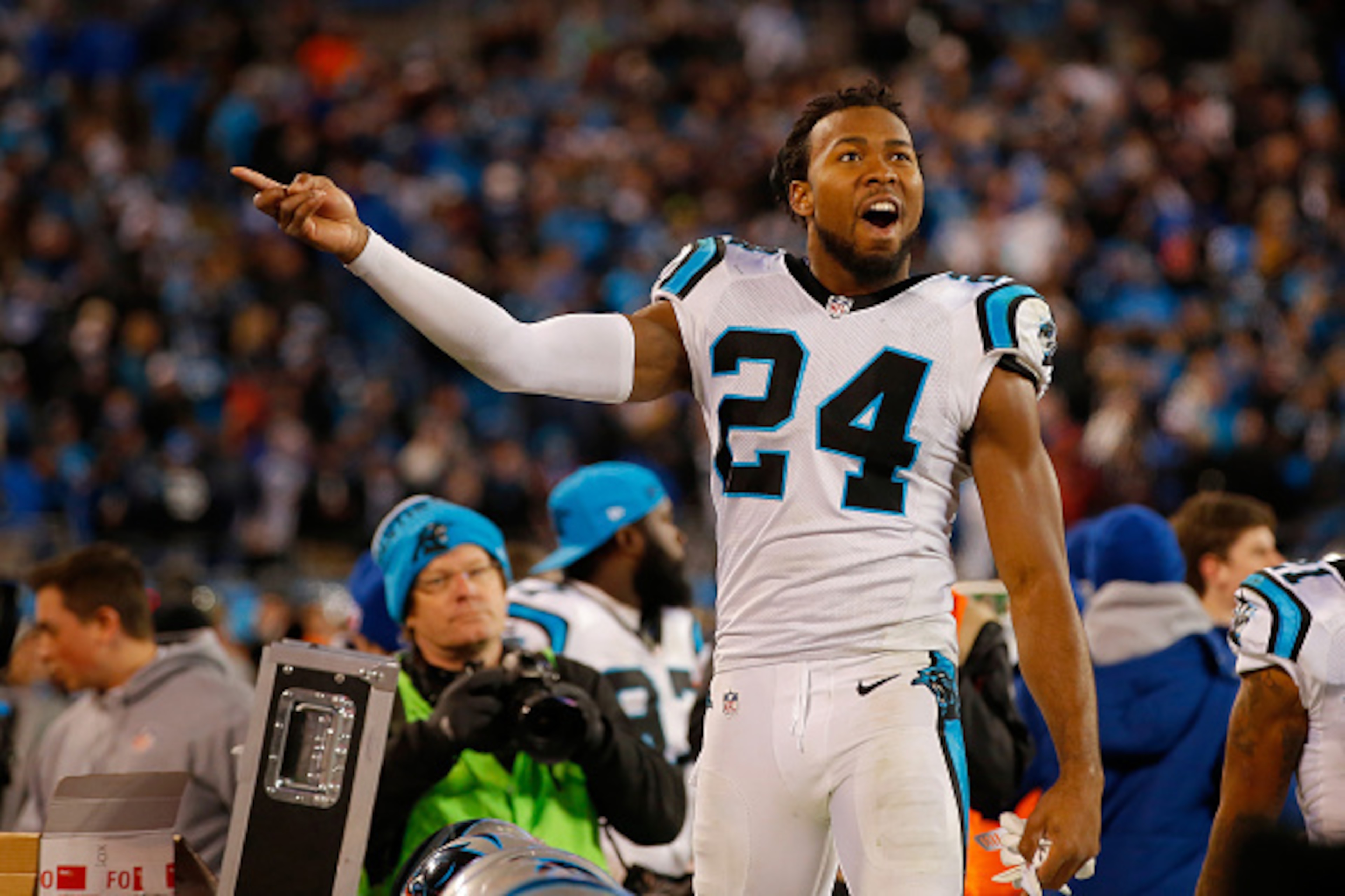 CHARLOTTE, NC - JANUARY 24: Josh Norman #24 of the Carolina Panthers celebrates in the fourth quarter against the Arizona Cardinals during the NFC Championship Game at Bank of America Stadium on January 24, 2016 in Charlotte, North Carolina. (Photo by K CHARLOTTE, NC - JANUARY 24: Josh Norman #24 of the Carolina Panthers celebrates in the fourth quarter against the Arizona Cardinals during the NFC Championship Game at Bank of America Stadium on January 24, 2016 in Charlotte, North Carolina. (Photo by K