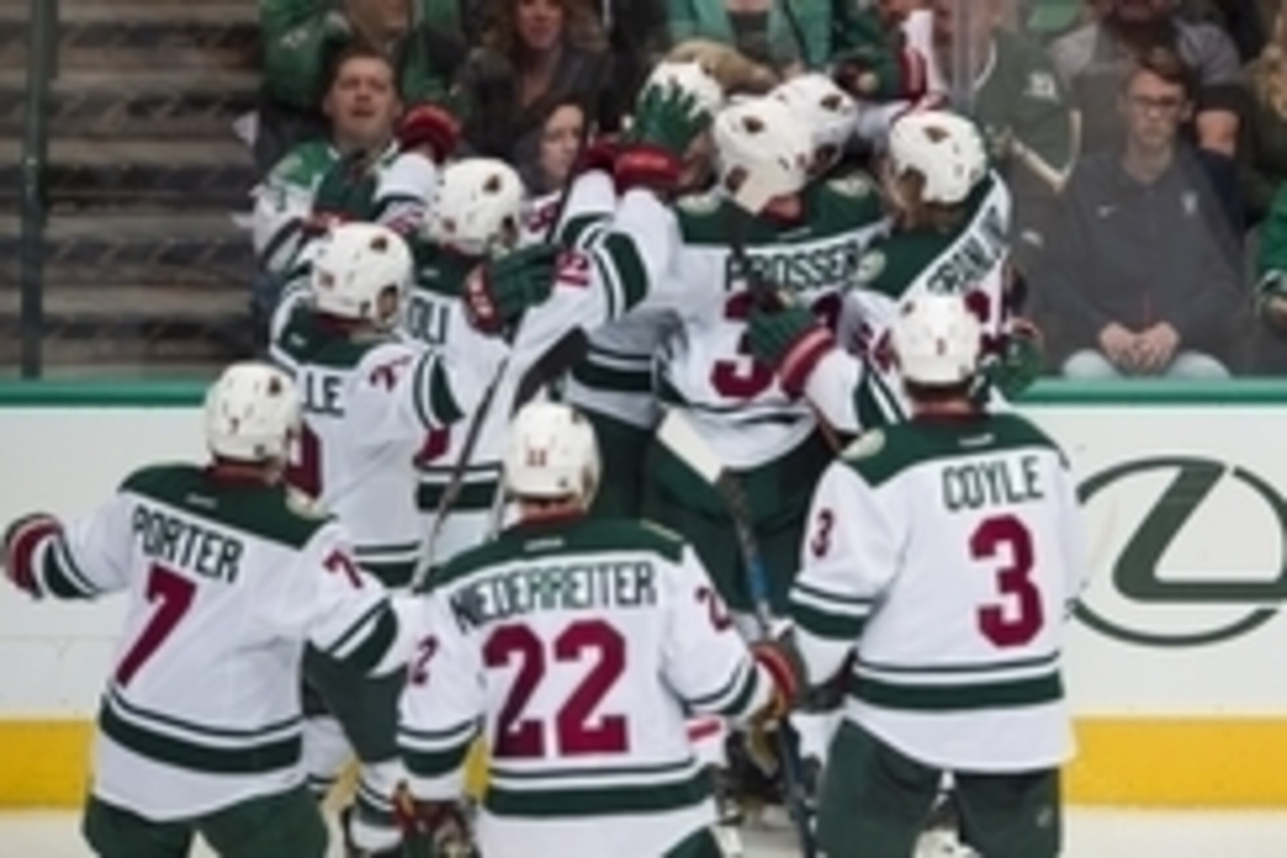 Apr 22, 2016; Dallas, TX, USA; The Minnesota Wild celebrate center Mikko Koivu (9) game winning goal against the Dallas Stars during the overtime period in game five of the first round of the 2016 Stanley Cup Playoffs at the American Airlines Center. The 