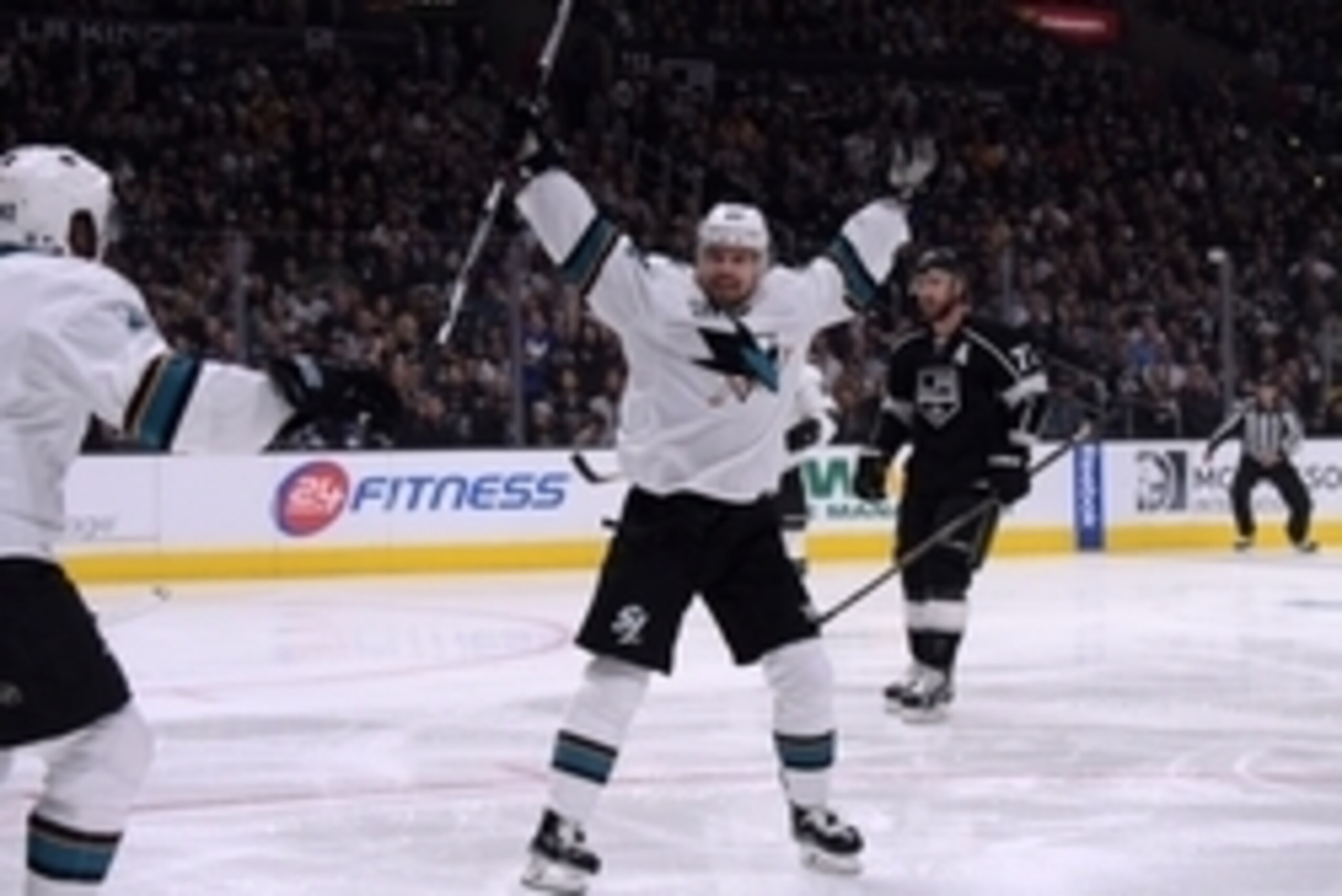 Apr 22, 2016; Los Angeles, CA, USA; San Jose Sharks right wing Joonas Donskoi (27) celebrates with right wing Joel Ward (42) after scoring a goal in the first period against the Los Angeles Kings in game five of the first round of the 2016 Stanley Cup Pla