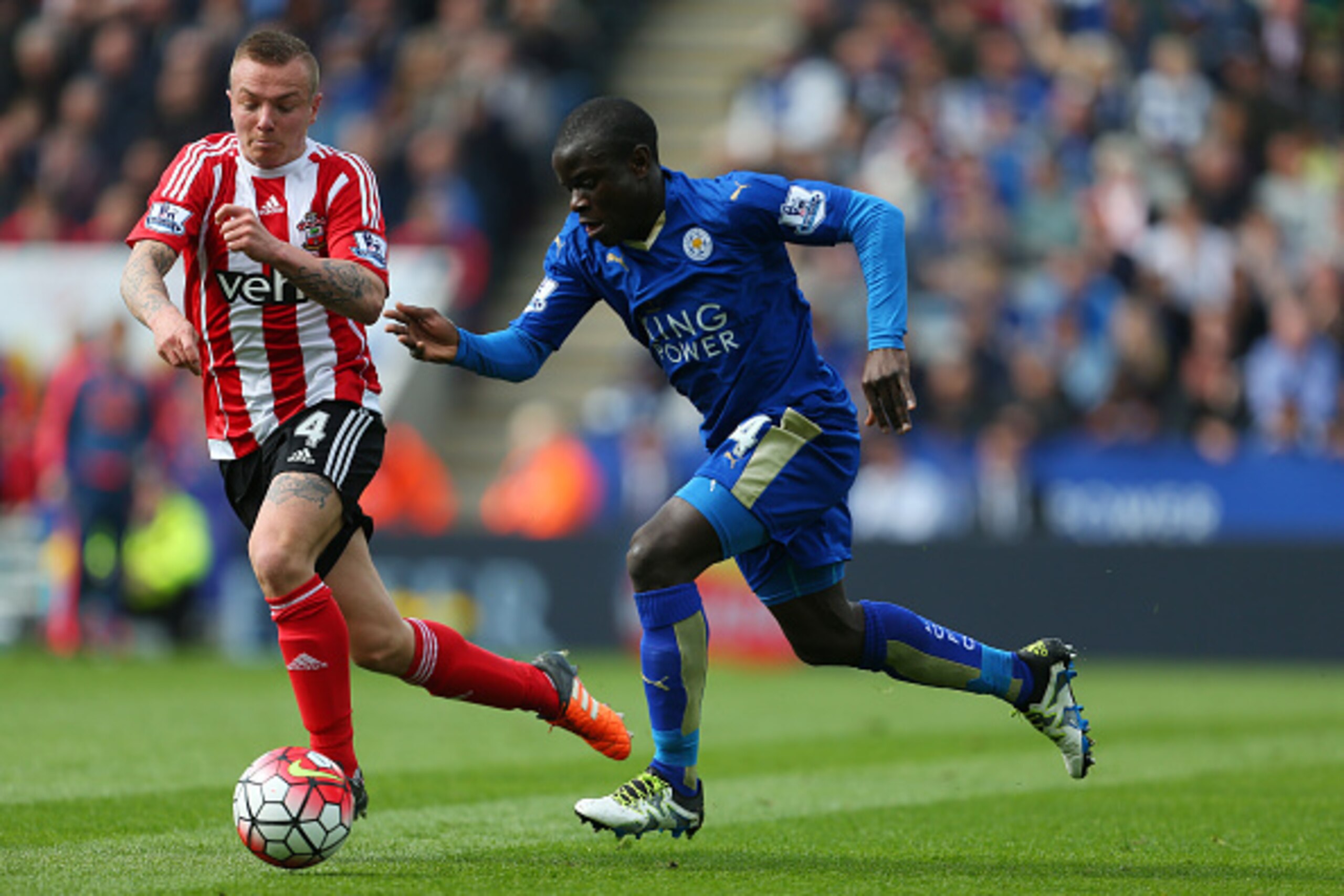 LEICESTER, ENGLAND - APRIL 03: Jordy Clasie of Southampton and Kante of Leicester City
during the Barclays Premier League match between Leicester City and Southampton at The King Power Stadium on April 3, 2016 in Leicester, England. (Photo by Catherine Iv LEICESTER, ENGLAND - APRIL 03: Jordy Clasie of Southampton and Kante of Leicester City
during the Barclays Premier League match between Leicester City and Southampton at The King Power Stadium on April 3, 2016 in Leicester, England. (Photo by Catherine Iv