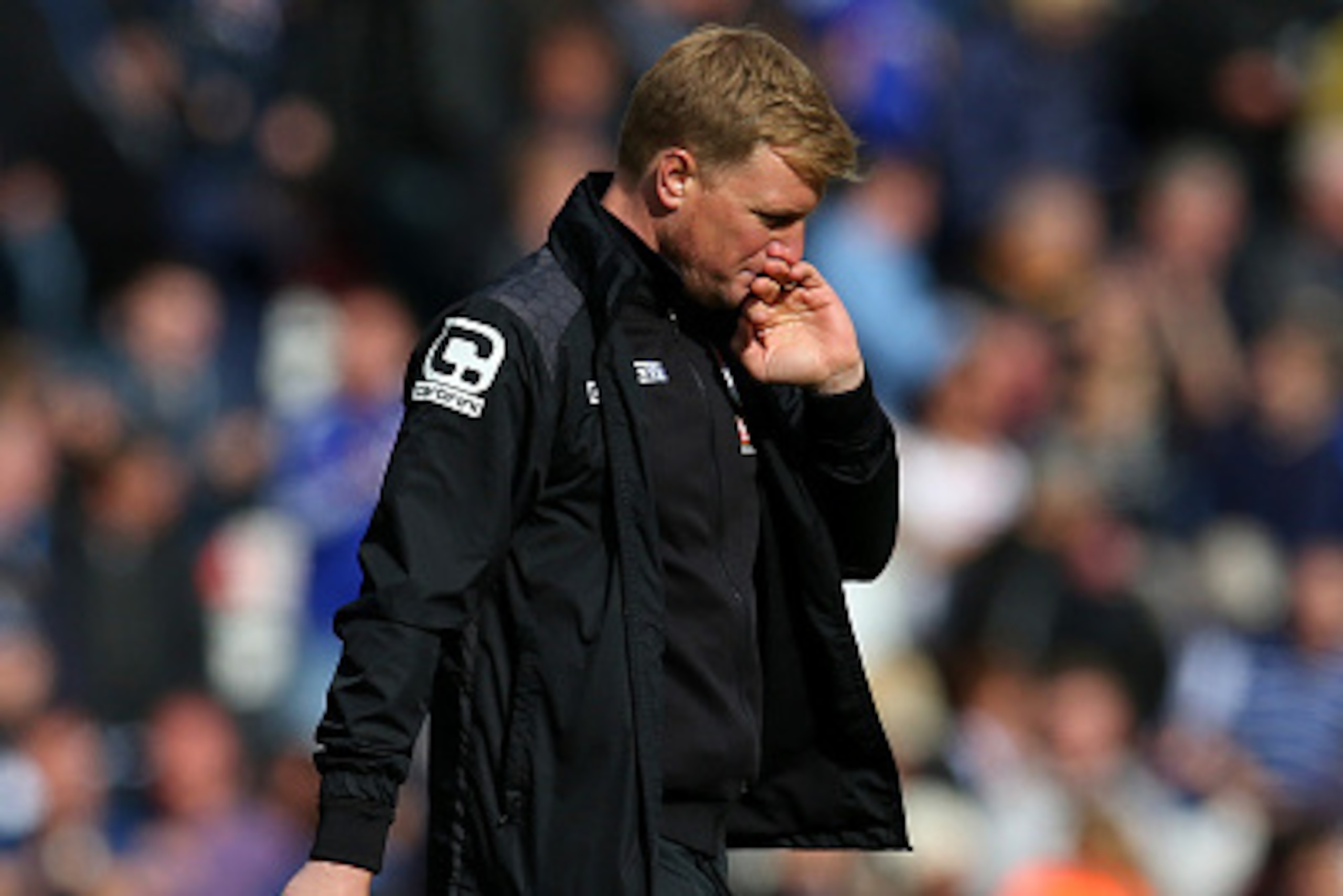 BOURNEMOUTH, ENGLAND - APRIL 23:  Eddie Howe Manager of Bournemouth looks dejected during the Barclays Premier League match between A.F.C. Bournemouth and Chelsea at the Vitality Stadium on April 23, 2016 in Bournemouth, United Kingdom.  (Photo by Steve B