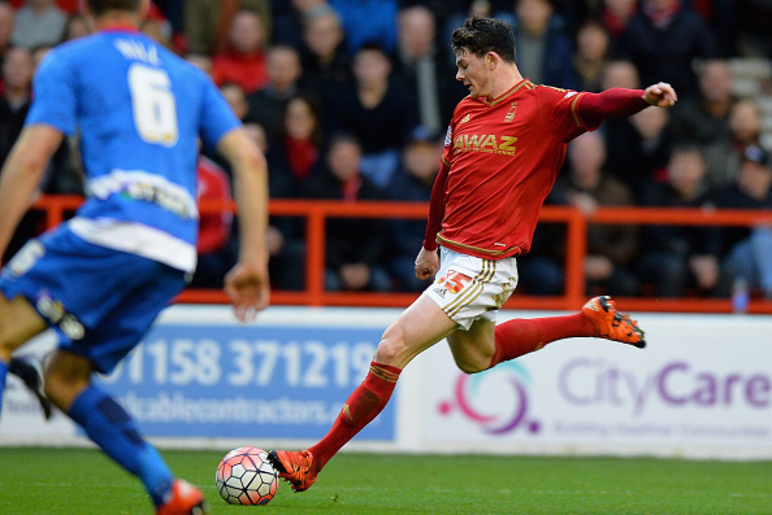 NOTTINGHAM, ENGLAND - JANUARY 09:  Oliver Burke of Nottingham Forest scores their first goal during The Emirates FA Cup Third Round match between Nottingham Forest and Queens Park Rangers at City Ground on January 9, 2016 in Nottingham, England.  (Photo b