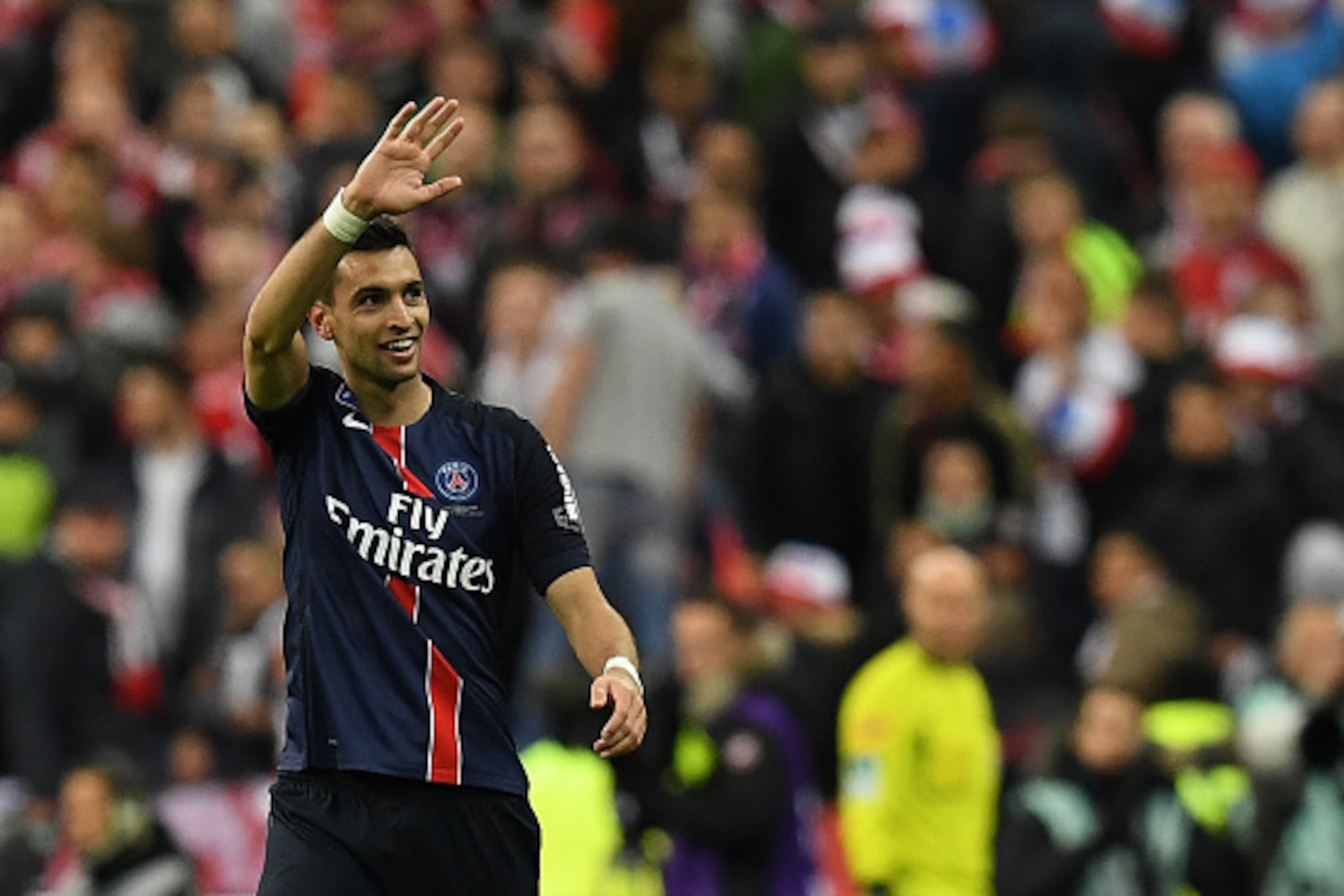 Paris Saint-Germain's Argentinian midfielder Javier Pastore reacts after opening the scoring during the French League Cup final football match Paris Saint-Germain (PSG) vs Lille (LOSC) on April 23, 2016 at the Stade de France stadium in Saint-Denis, north
