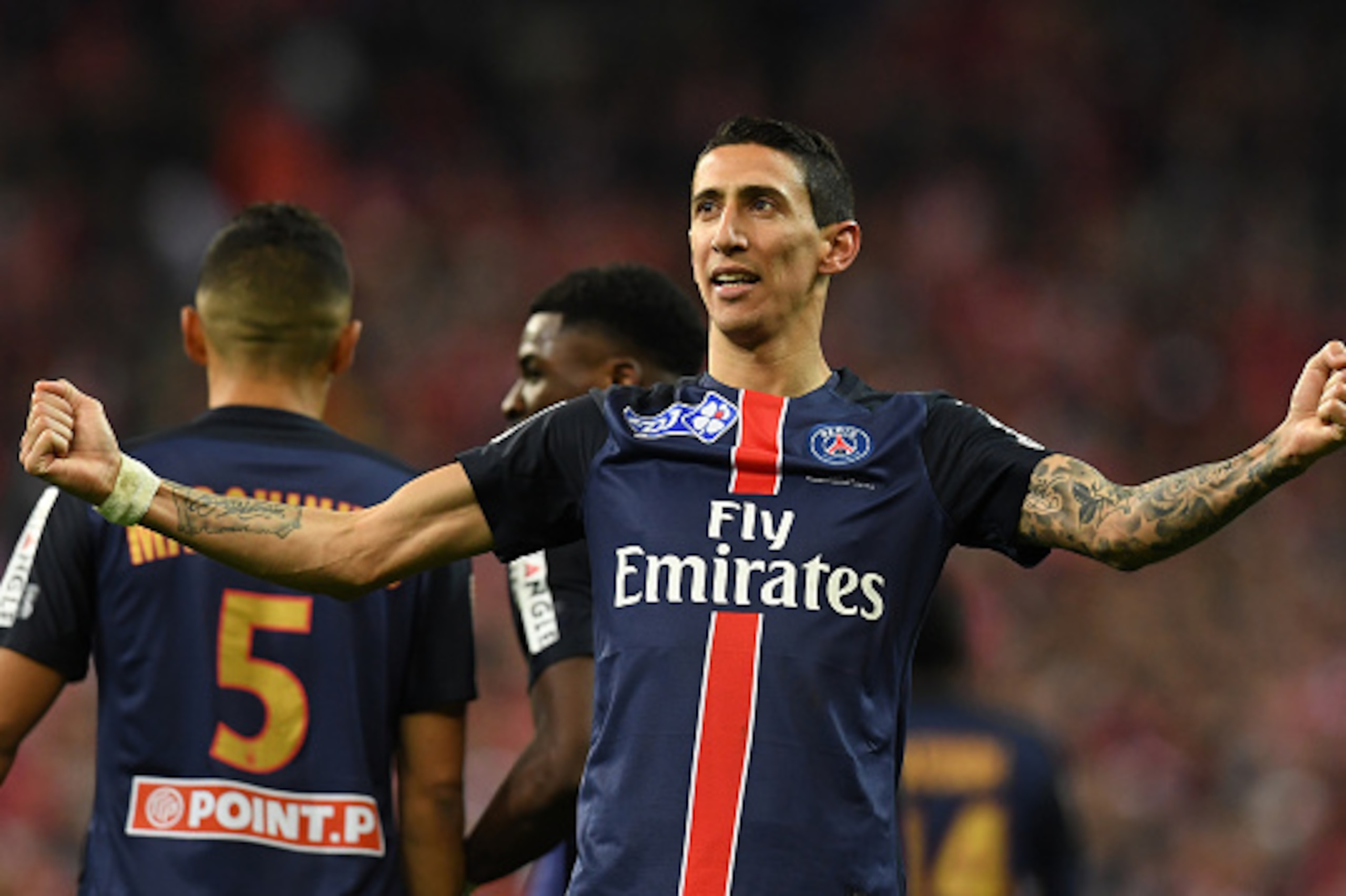Paris Saint-Germain's Argentinian forward Angel Di Maria celebrates after scoring a goal during the French League Cup final football match between Paris Saint-Germain and Lille on April 23, 2016 at the Stade de France in Saint-Denis, north of Paris.   AFP