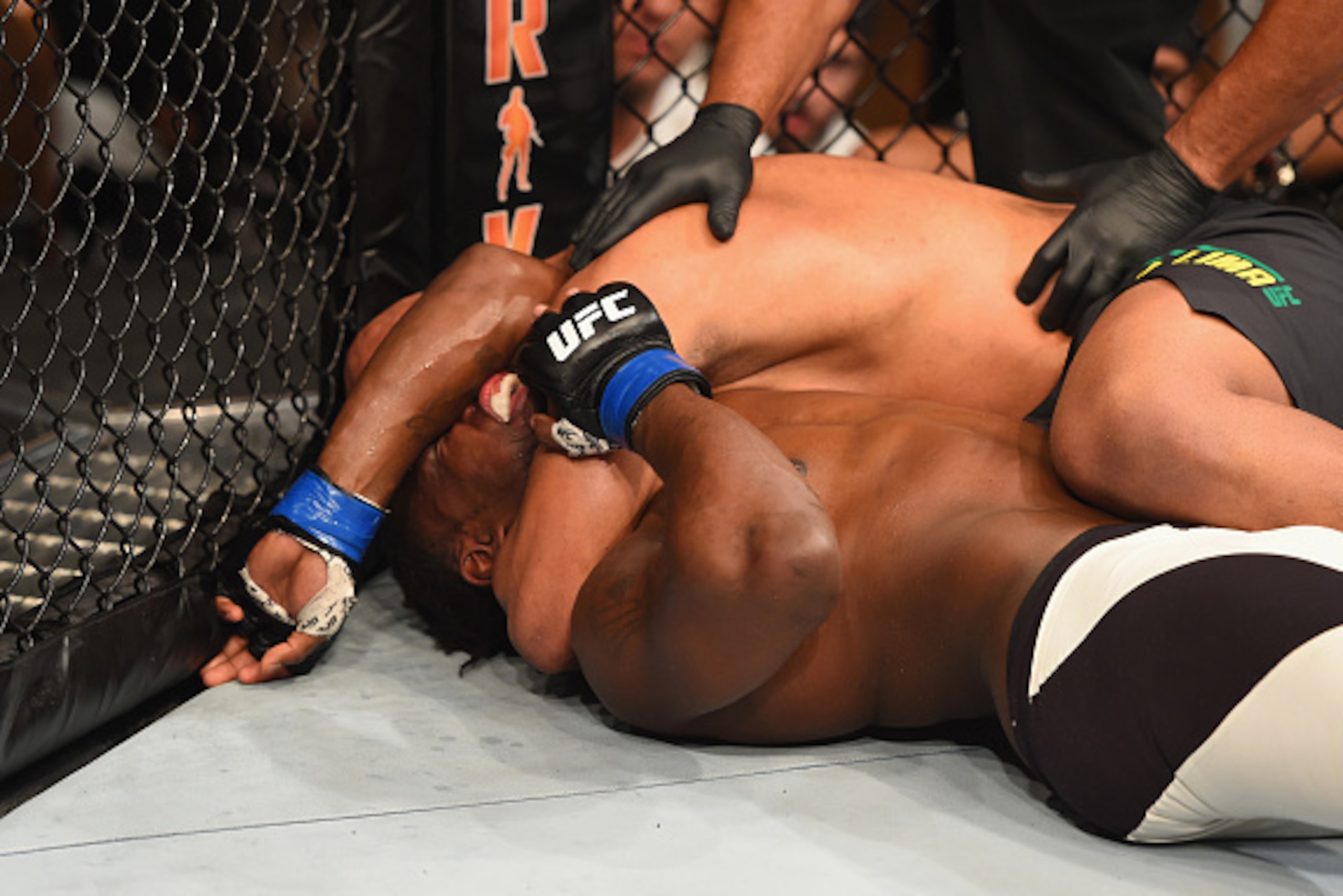 LAS VEGAS, NV - APRIL 23:  Marcos Rogerio de Lima of Brazil (top) submits Clint Hester in their light heavyweight bout during the UFC 197 event inside MGM Grand Garden Arena on April 23, 2016 in Las Vegas, Nevada.  (Photo by Josh Hedges/Zuffa LLC/Zuffa LL