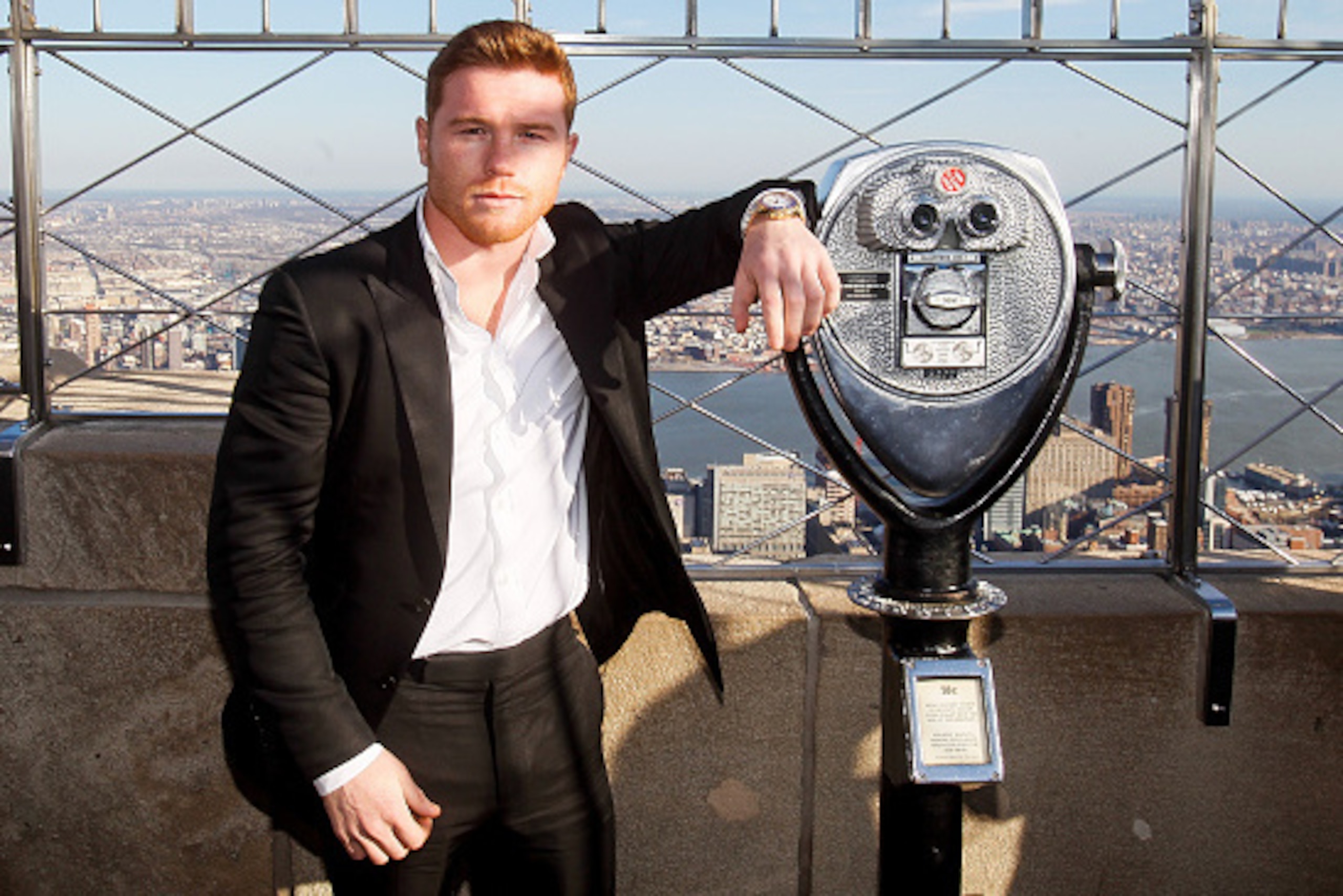 NEW YORK, NY - MARCH 01: Canelo Alvarez poses for photos during a press event to promote his fight against Amir Khan at the Empire State Building on March 1, 2016 in New York City.  (Photo by Alex Goodlett/Getty Images)