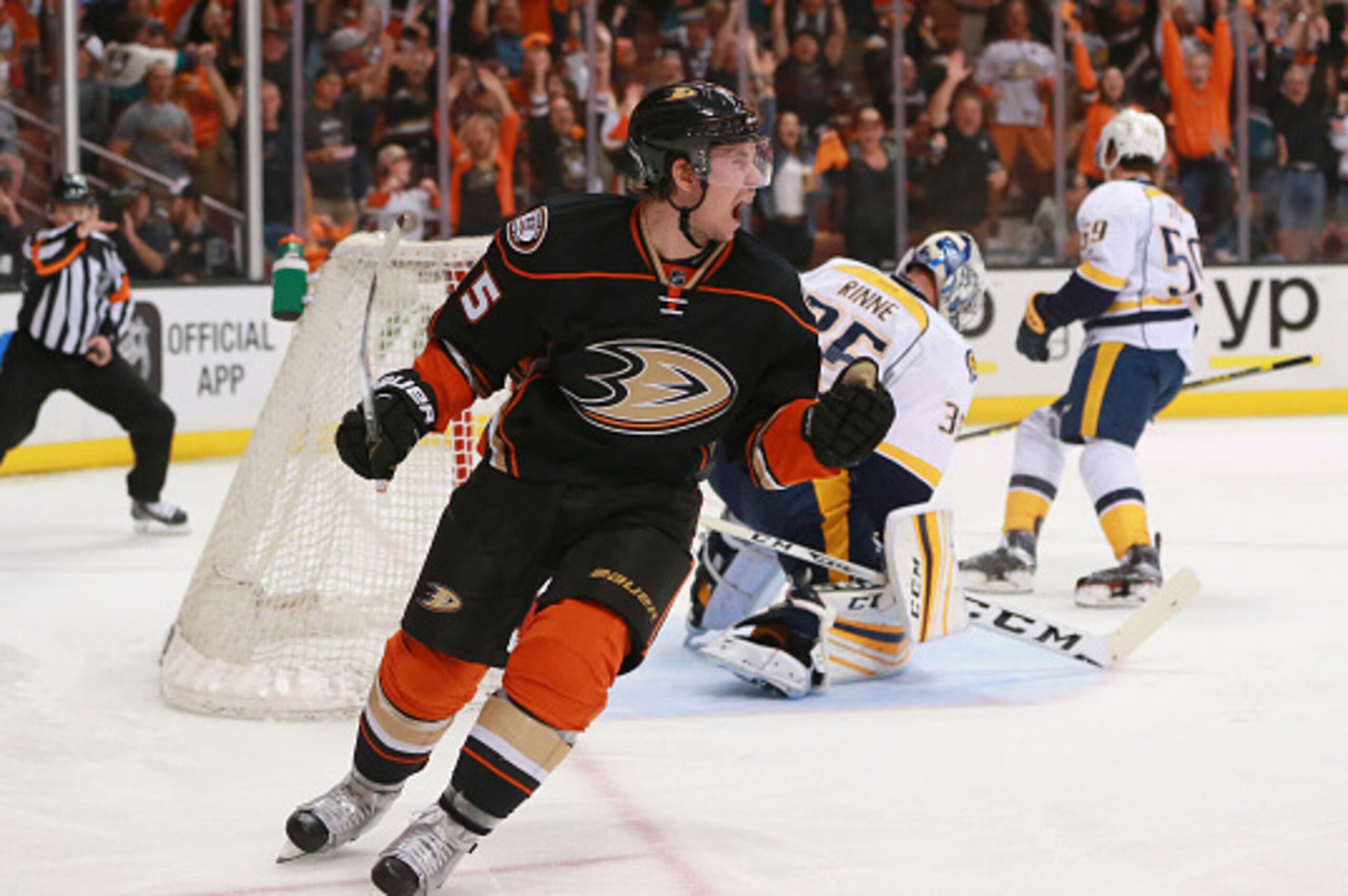 ANAHEIM, CA - APRIL 23:  Sami Vatanen #45 of the Anaheim Ducks reacts after scoring on a breakaway against goaltender Pekka Rinne #35 of the Nashville Predators in the third period of Game Five of the Western Conference First Round during the 2016 NHL Sta