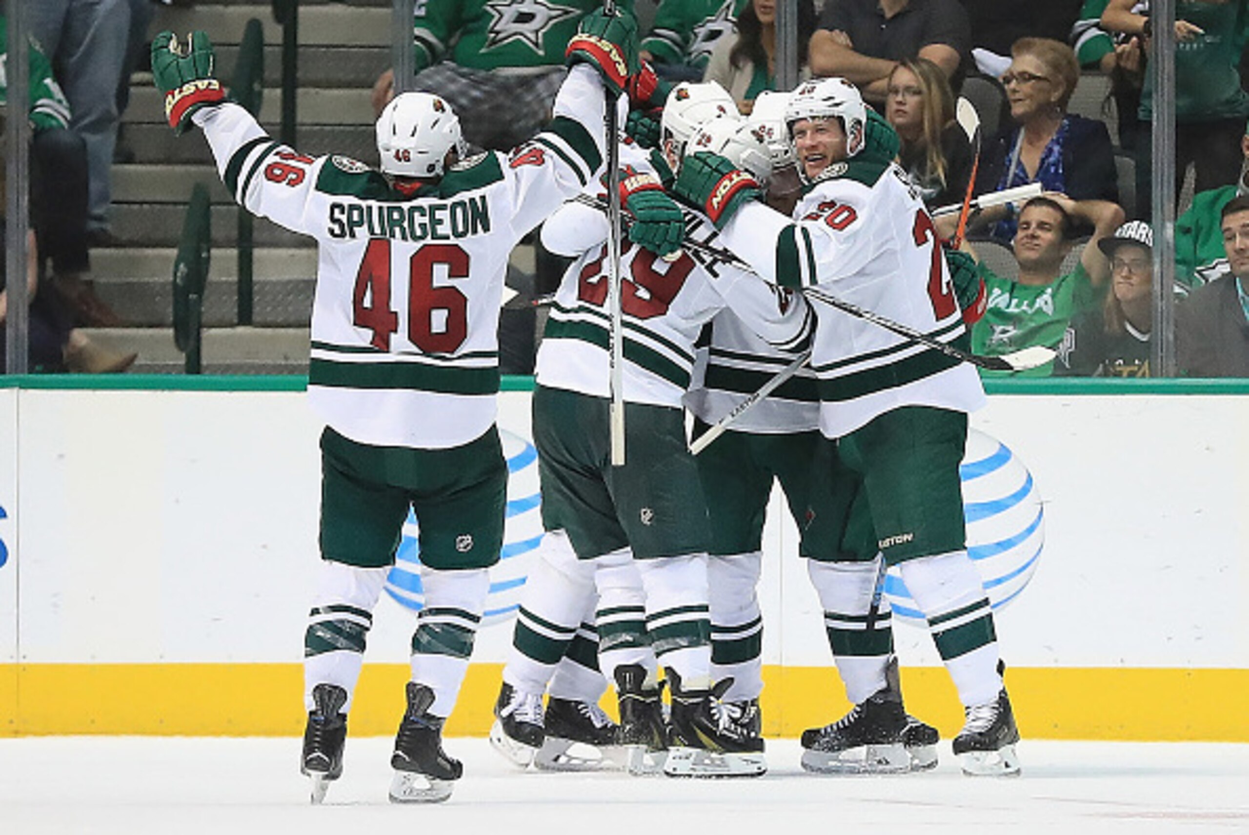 DALLAS, TX - APRIL 22:  Mikko Koivu #9 of the Minnesota Wild celebrates a goal against the Dallas Stars in the third period in Game Five of the Western Conference First Round during the 2016 NHL Stanley Cup Playoffs at American Airlines Center on April 22