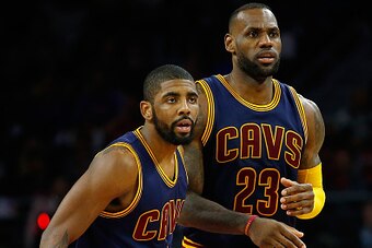 AUBURN HILLS, MI - APRIL 22: Kyrie Irving #2 and LeBron James #23 of the Cleveland Cavaliers look on while playing the Detroit Pistons during the second quarter of game three of the NBA Eastern Conference quarterfinals at the Palace of Auburn Hills on Apr
