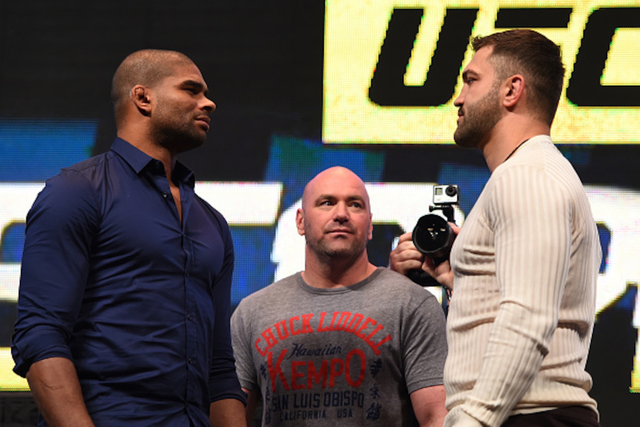 LAS VEGAS, NV - MARCH 04:  (L-R) Opponents Alistair Overeem and Andrei Arlovski face off during the UFC Unstoppable launch press conference at the MGM Grand Garden Arena on March 4, 2016 in Las Vegas, Nevada. (Photo by Josh Hedges/Zuffa LLC/Zuffa LLC via 