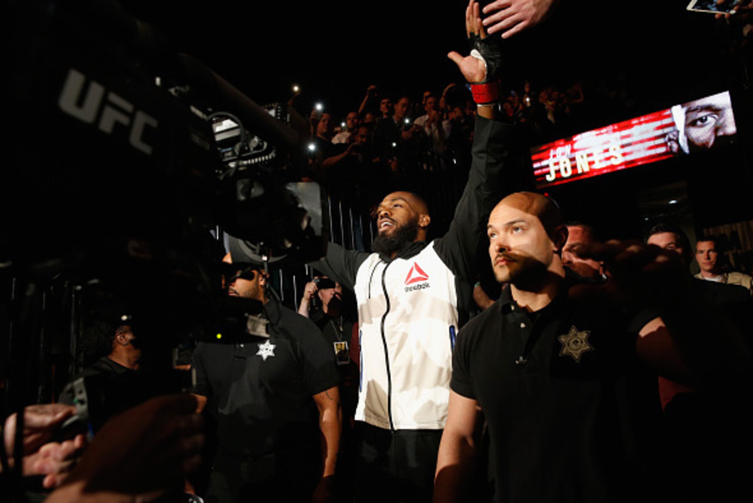 LAS VEGAS, NV - APRIL 23:  Jon Jones prepares to enter the Octagon before facing Ovince Saint Preux in their interim UFC light heavyweight championship bout during the UFC 197 event inside MGM Grand Garden Arena on April 23, 2016 in Las Vegas, Nevada.  (P