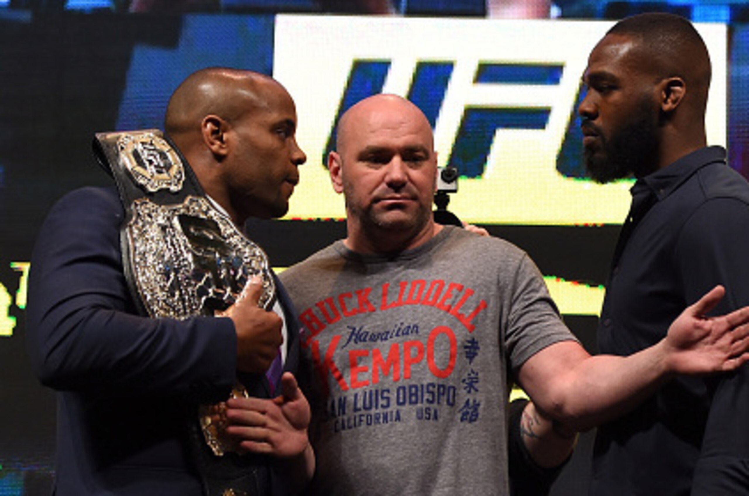 LAS VEGAS, NV - MARCH 04:  (L-R) Opponents Daniel Cormier and Jon Jones face off during the UFC Unstoppable launch press conference at the MGM Grand Garden Arena on March 4, 2016 in Las Vegas, Nevada. (Photo by Josh Hedges/Zuffa LLC/Zuffa LLC via Getty Im
