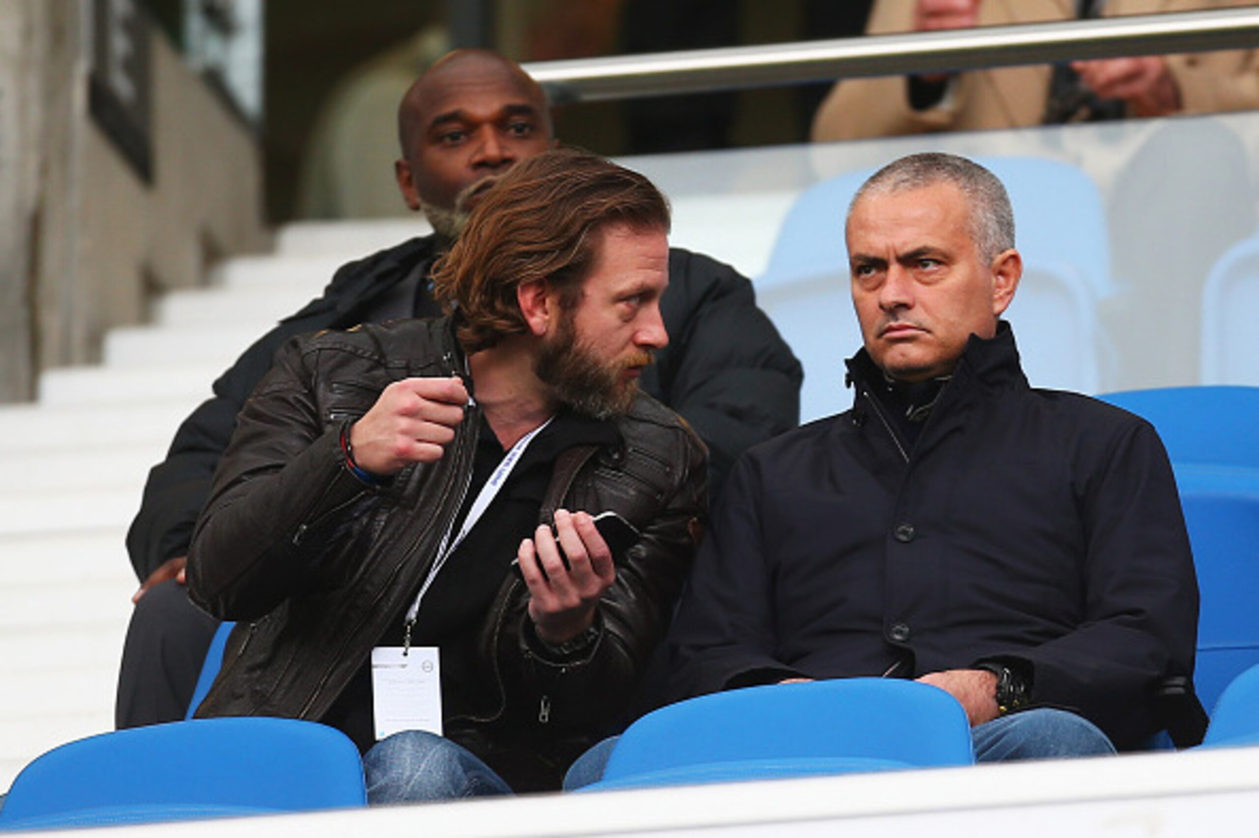 BRIGHTON, ENGLAND - DECEMBER 19:  Former Chelsea manager Jose Mourinho (R) looks on from the stands prior to the Sky Bet Championship match between Brighton and Hove Albion and Middlesbrough at Amex Stadium on December 19, 2015 in Brighton, United Kingdom