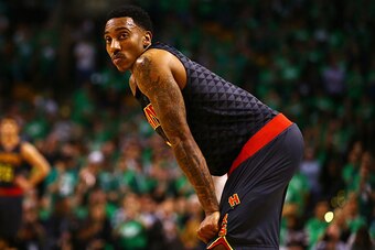 BOSTON, MA - APRIL 22:  Jeff Teague #0 of the Atlanta Hawks looks on during the first quarter of Game Three of the Eastern Conference Quarterfinals during the 2016 NBA Playoffs between the Atlanta Hawks and the Boston Celtics at TD Garden on April 22, 201