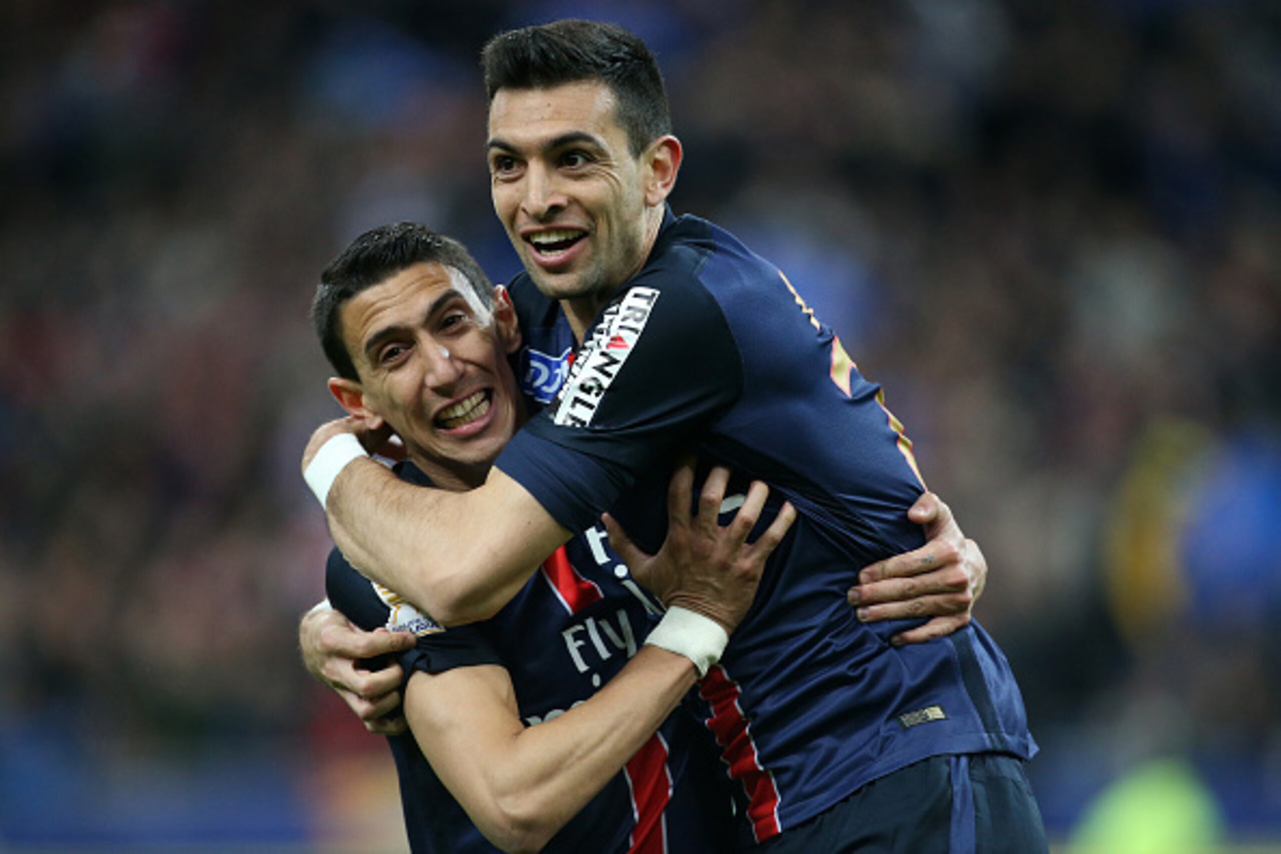 PARIS, FRANCE - APRIL 23: Javier Pastore of PSG celebrates his goal with Angel Di Maria (left) during the French League Cup final (finale de la Coupe de la Ligue) between Paris Saint-Germain (PSG) and Lille OSC (LOSC) at Stade de France on April 23, 2016 PARIS, FRANCE - APRIL 23: Javier Pastore of PSG celebrates his goal with Angel Di Maria (left) during the French League Cup final (finale de la Coupe de la Ligue) between Paris Saint-Germain (PSG) and Lille OSC (LOSC) at Stade de France on April 23, 2016