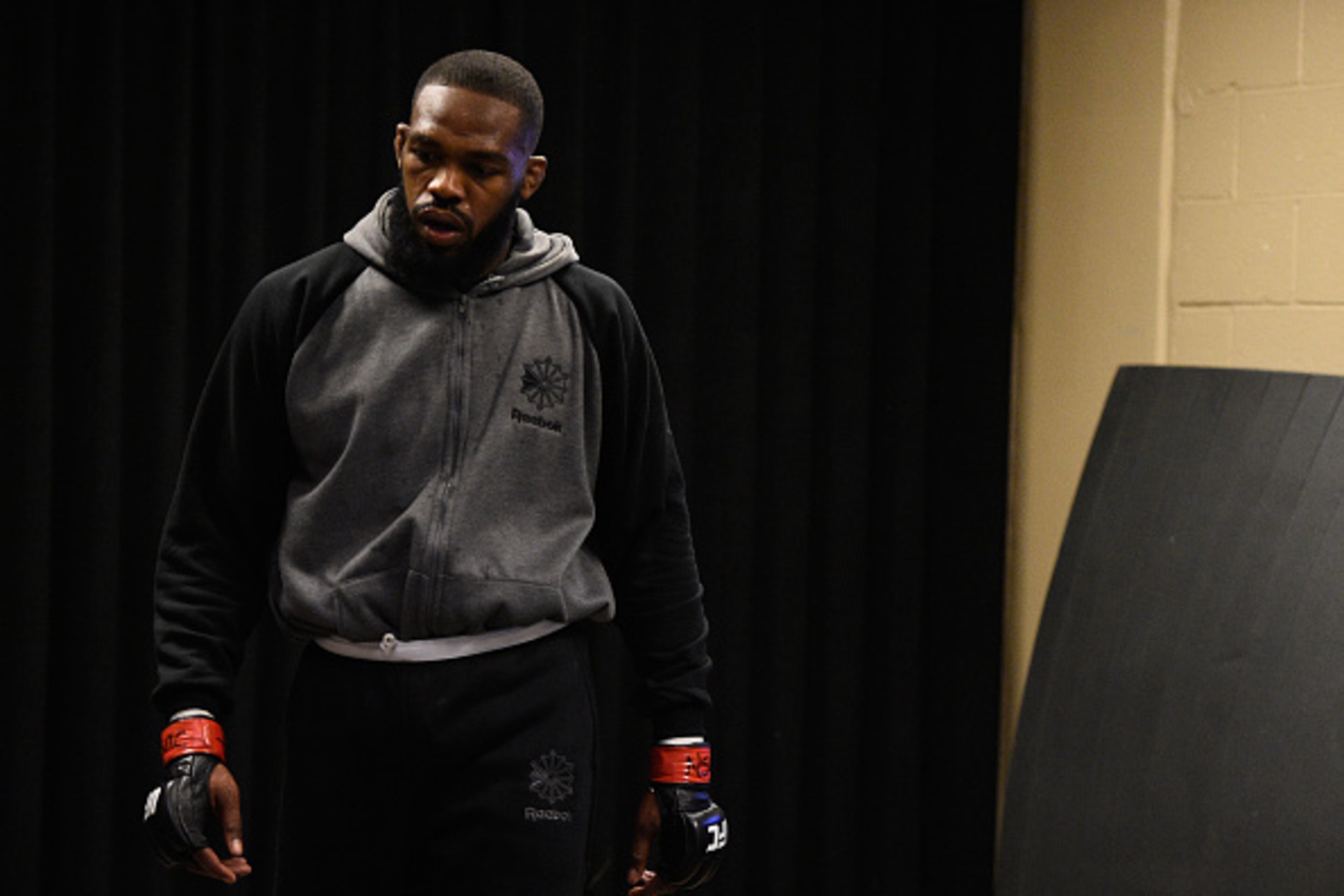 LAS VEGAS, NV - APRIL 23:  Jon Jones wrams up backstage before facing Ovince Saint Preux in their interim UFC light heavyweight championship bout during the UFC 197 event inside MGM Grand Garden Arena on April 23, 2016 in Las Vegas, Nevada.  (Photo by Jef