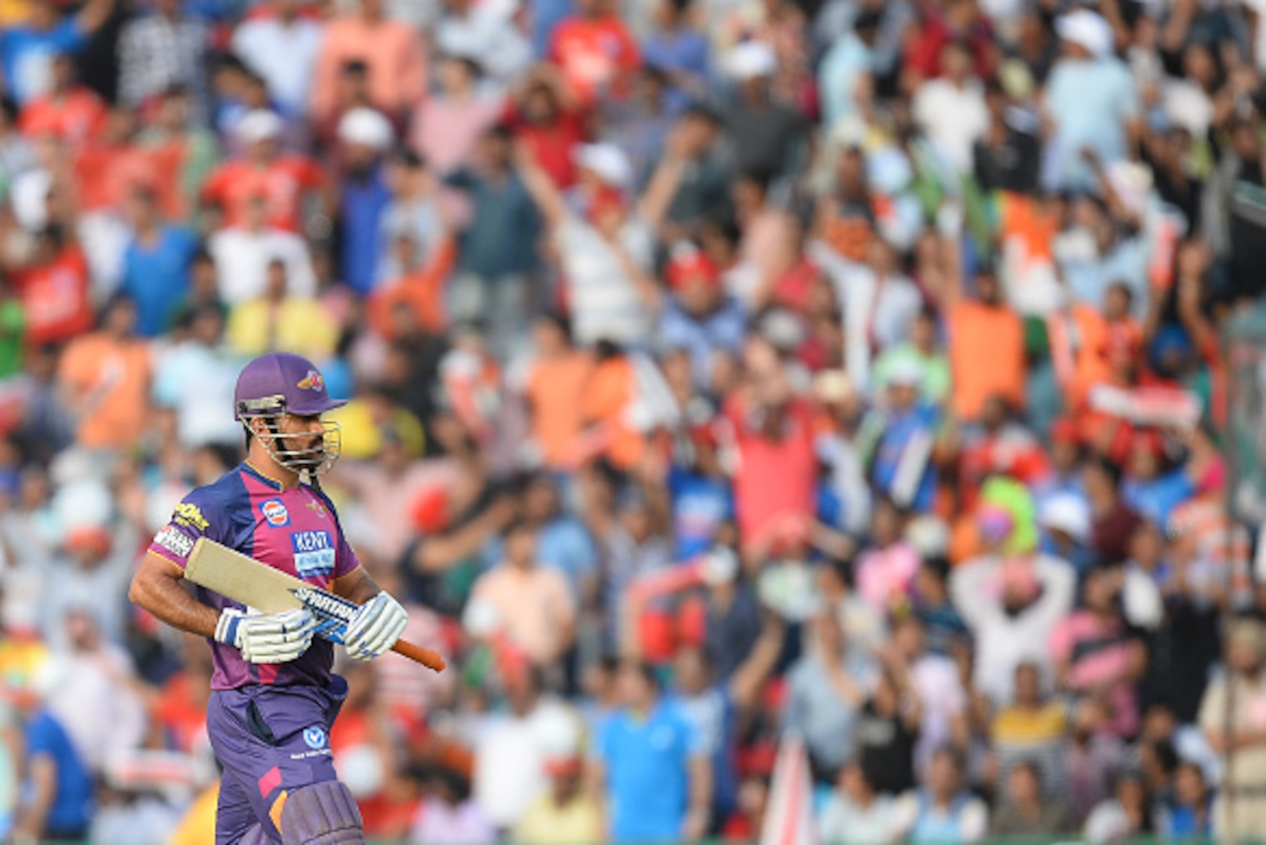 Rising Pune Supergiants Faf Du Plesis walks off the pitch after being dismissed during the 2016 Indian Premier League (IPL) Twenty20 cricket match between Rising Pune Supergiants and Kings XI Punjab at The Punjab Cricket Association Stadium in Mohali on A