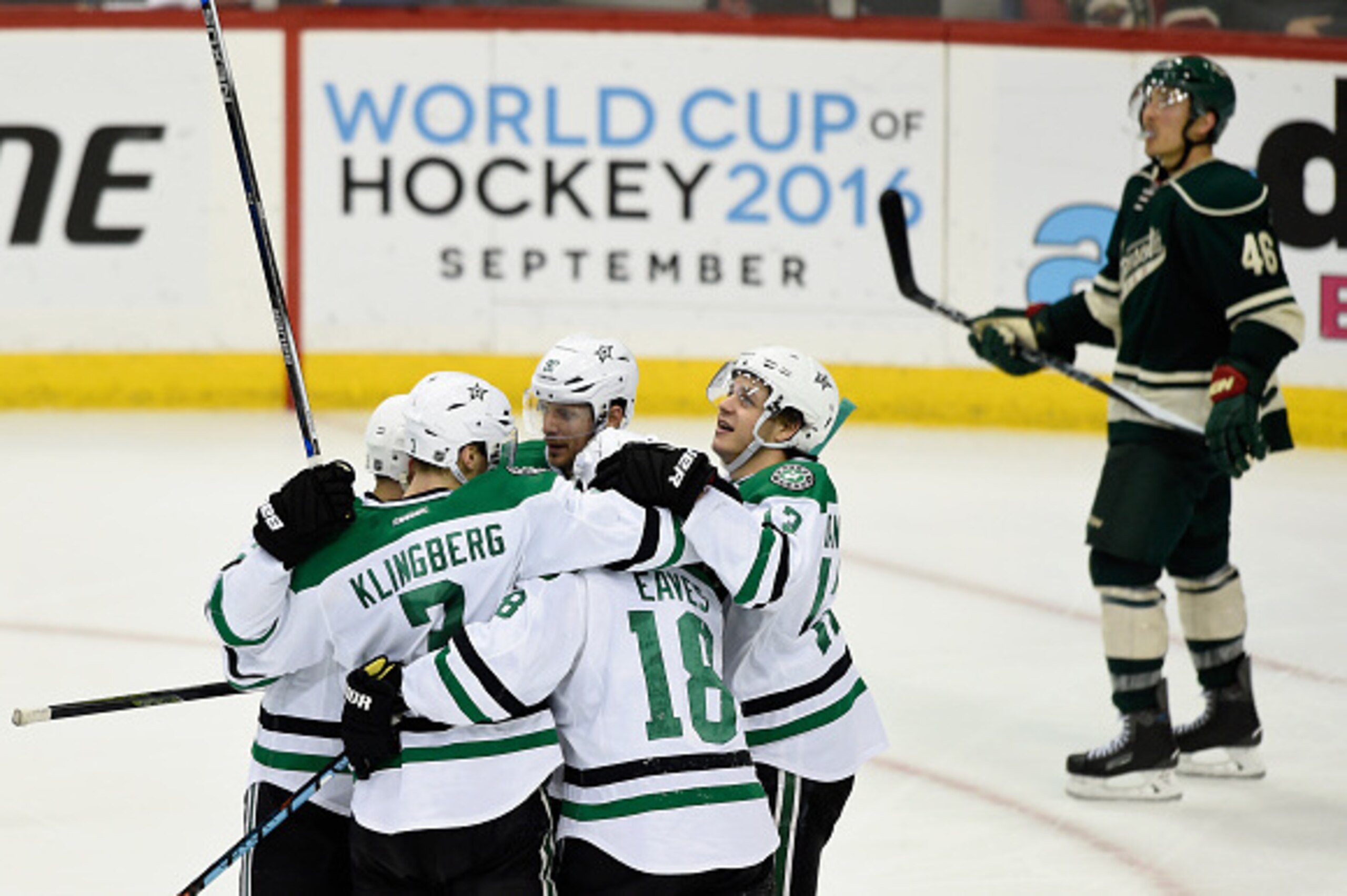 ST PAUL, MN - APRIL 24: Jared Spurgeon #46 of the Minnesota Wild looks on as the Dallas Stars celebrate a goal by Alex Goligoski #33 during the third period of Game Six of the Western Conference First Round during the 2016 NHL Stanley Cup Playoffs on Apri