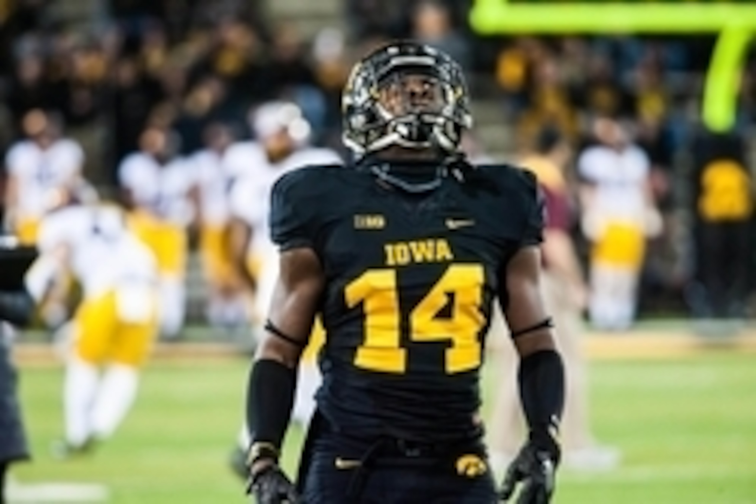 Nov 14, 2015; Iowa City, IA, USA; Iowa Hawkeyes defensive back Desmond King (14) during warmups against the Minnesota Golden Gophers at Kinnick Stadium. Mandatory Credit: Jeffrey Becker-USA TODAY Sports