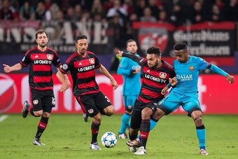 (L-R) Admir Mehmedi of Bayer 04 Leverkusen, Karim Bellarabi of Bayer 04 Leverkusen, Jonathan Tah of Bayer 04 Leverkusen, Wilfrid Kaptoum of FC Barcelona during the UEFA Champions League match between Bayer 04 Leverkusen and FC Barcelona on December 9, 201