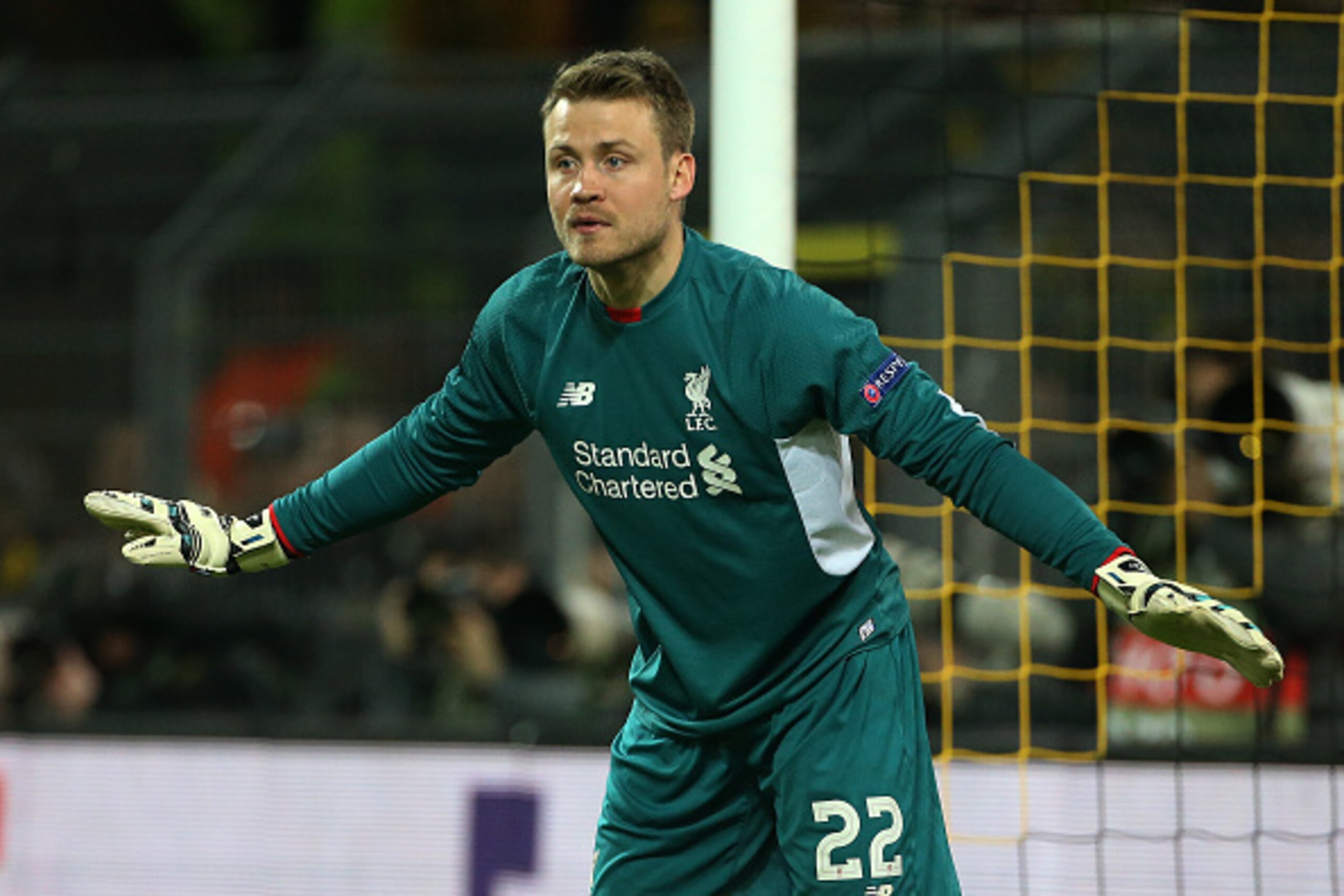 DORTMUND, GERMANY - APRIL 7: Goalkeeper of Liverpool Simon Mignolet in action during the UEFA Europa League quarter final first leg match between Borussia Dortmund and Liverpool FC at Signal Iduna Park aka Westfalenstadion on April 7, 2016 in Dortmund, Ge