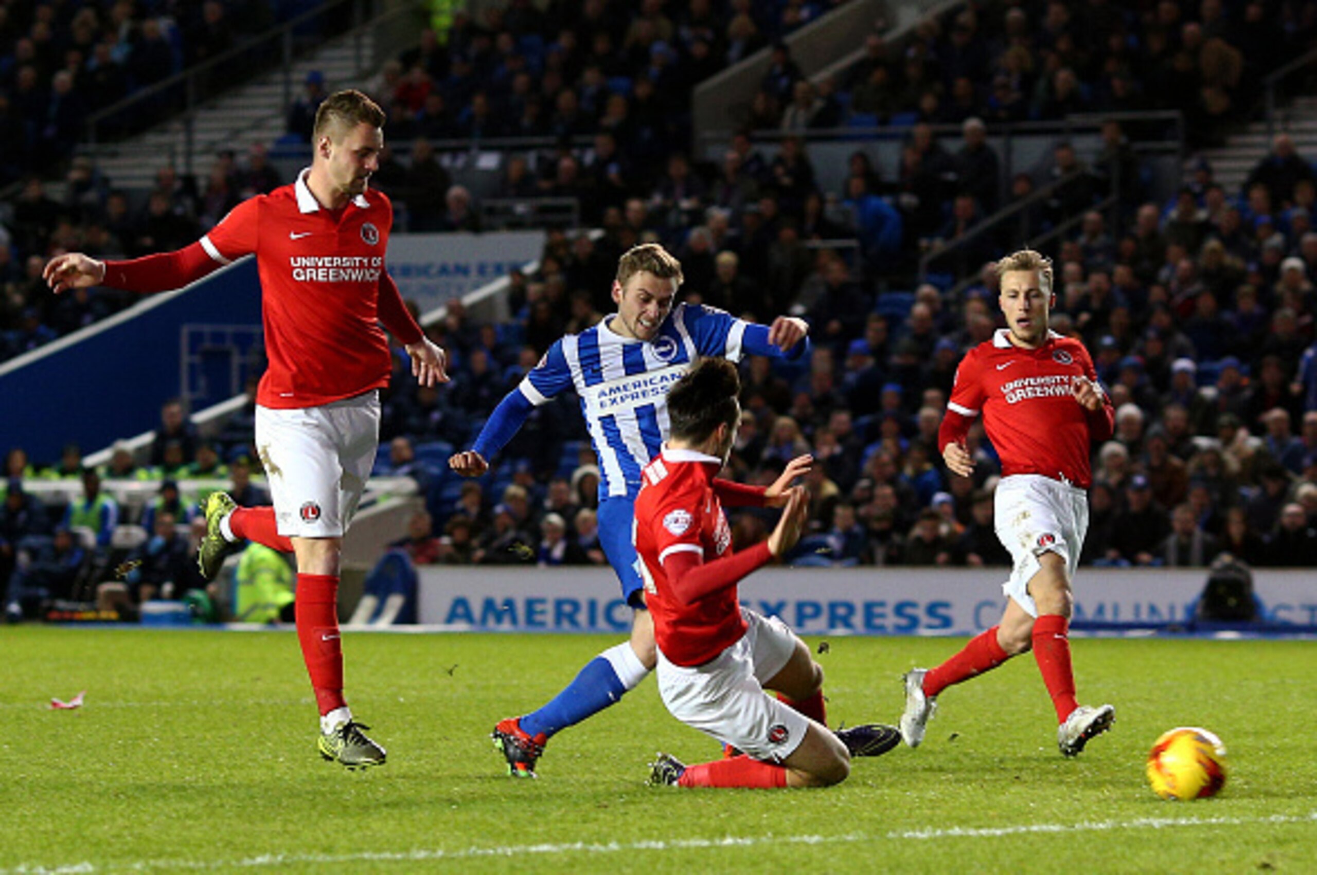 BRIGHTON, ENGLAND - DECEMBER 05: James Wilson of Brighton scores the teams first goal during the Sky Bet Championship match between Brighton and Hove Albion and Charlton Athletic at The Amex Stadium on December 05, 2015 in Brighton, England. (Photo by Cha