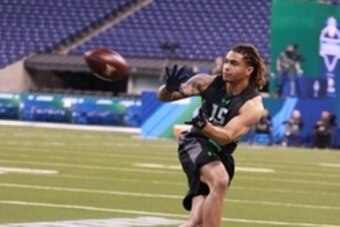 Feb 27, 2016; Indianapolis, IN, USA; Notre Dame Fighting Irish wide receiver Will Fuller catches a pass during the 2016 NFL Scouting Combine at Lucas Oil Stadium. Mandatory Credit: Brian Spurlock-USA TODAY Sports