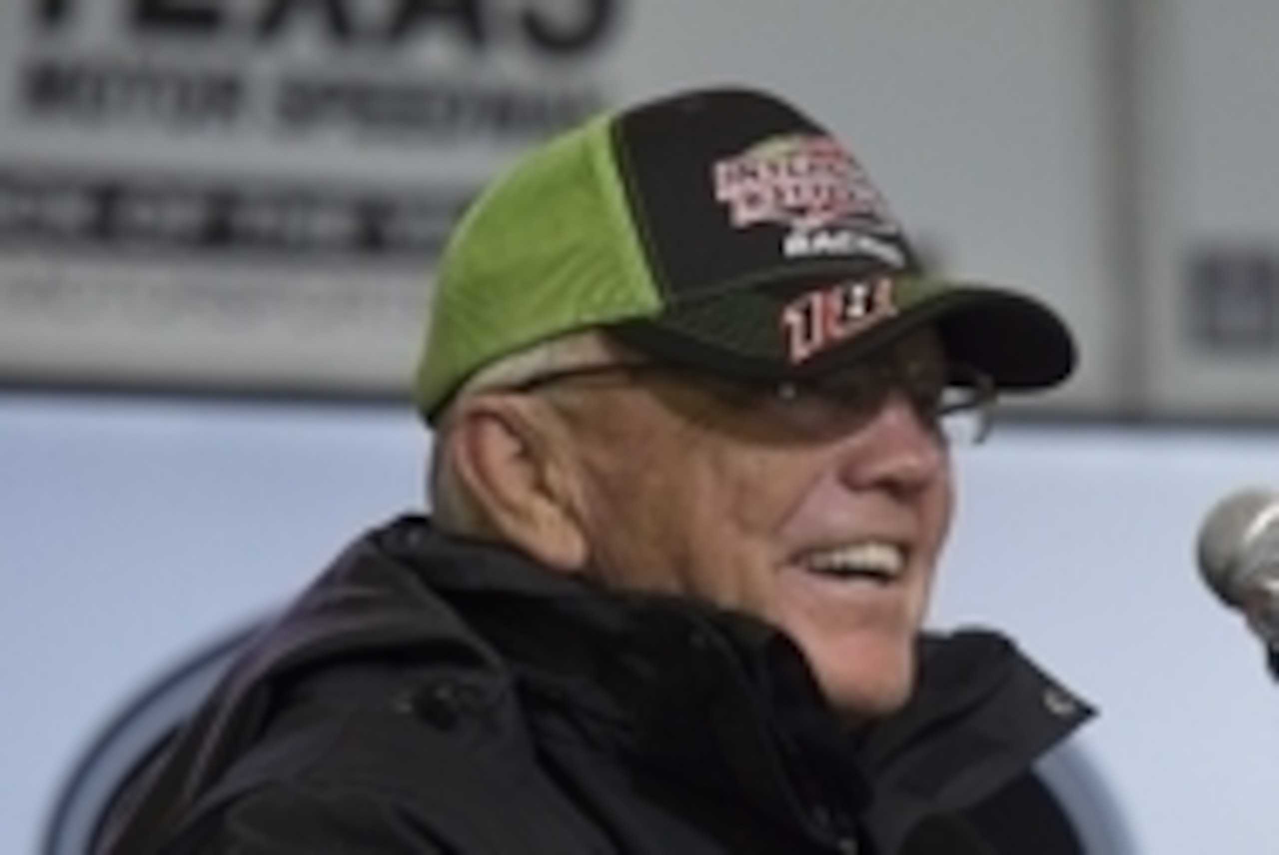 Apr 9, 2016; Fort Worth, TX, USA; Team owner Joe Gibbs speaks to the media after his driver Kyle Busch (not pictured) won the Duck Commander 500 at Texas Motor Speedway. Mandatory Credit: Jerome Miron-USA TODAY Sports