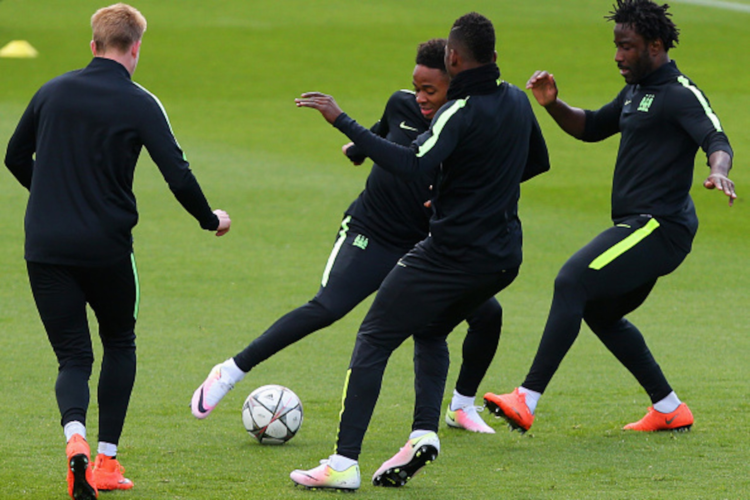 MANCHESTER, ENGLAND - APRIL 25:  Kevin de Bruyne, Raheem Sterling, Kelechi Iheanacho and Wilfred Bony in action during a Manchester City training session on the eve of their UEFA Champions League semi final first leg match against Real Madrid at the Acade