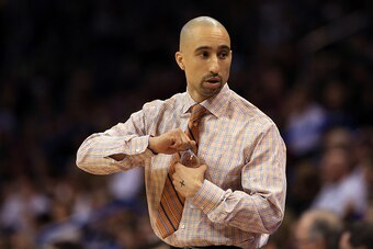 OKLAHOMA CITY, OK - MARCH 18:  Head coach Shaka Smart of the Texas Longhorns looks on in the first half against the Northern Iowa Panthers during the first round of the 2016 NCAA Men's Basketball Tournament at Chesapeake Energy Arena on March 18, 2016 in 
