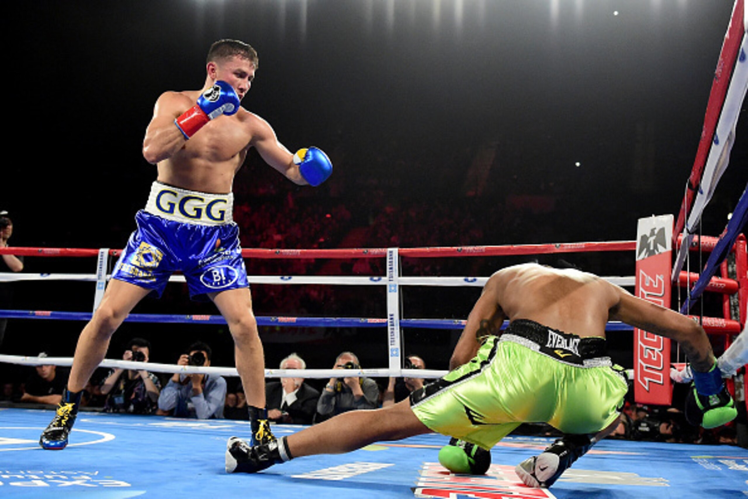 INGLEWOOD, CA - APRIL 23:  Gennady Golovkin of Kazakhstan knocks down Dominc Wade for the second time on way to a second round TKO during his unified middleweight title fight at The Forum on April 23, 2016 in Inglewood, California.  (Photo by Harry How/Ge