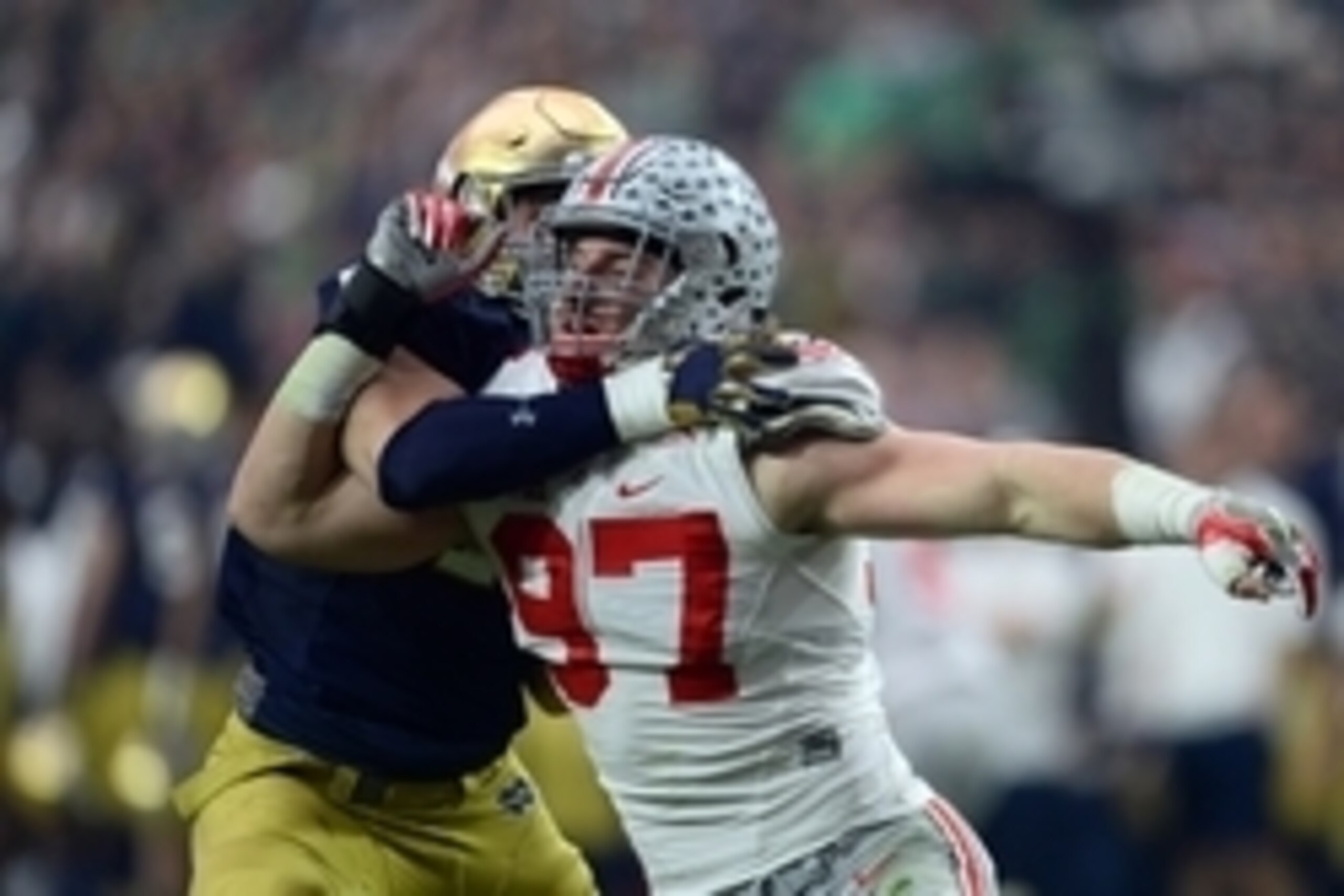 Jan 1, 2016; Glendale, AZ, USA; Ohio State Buckeyes defensive lineman Joey Bosa (97) in action against the Notre Dame Fighting Irish during the first half of the 2016 Fiesta Bowl at University of Phoenix Stadium. Mandatory Credit: Joe Camporeale-USA TODAY