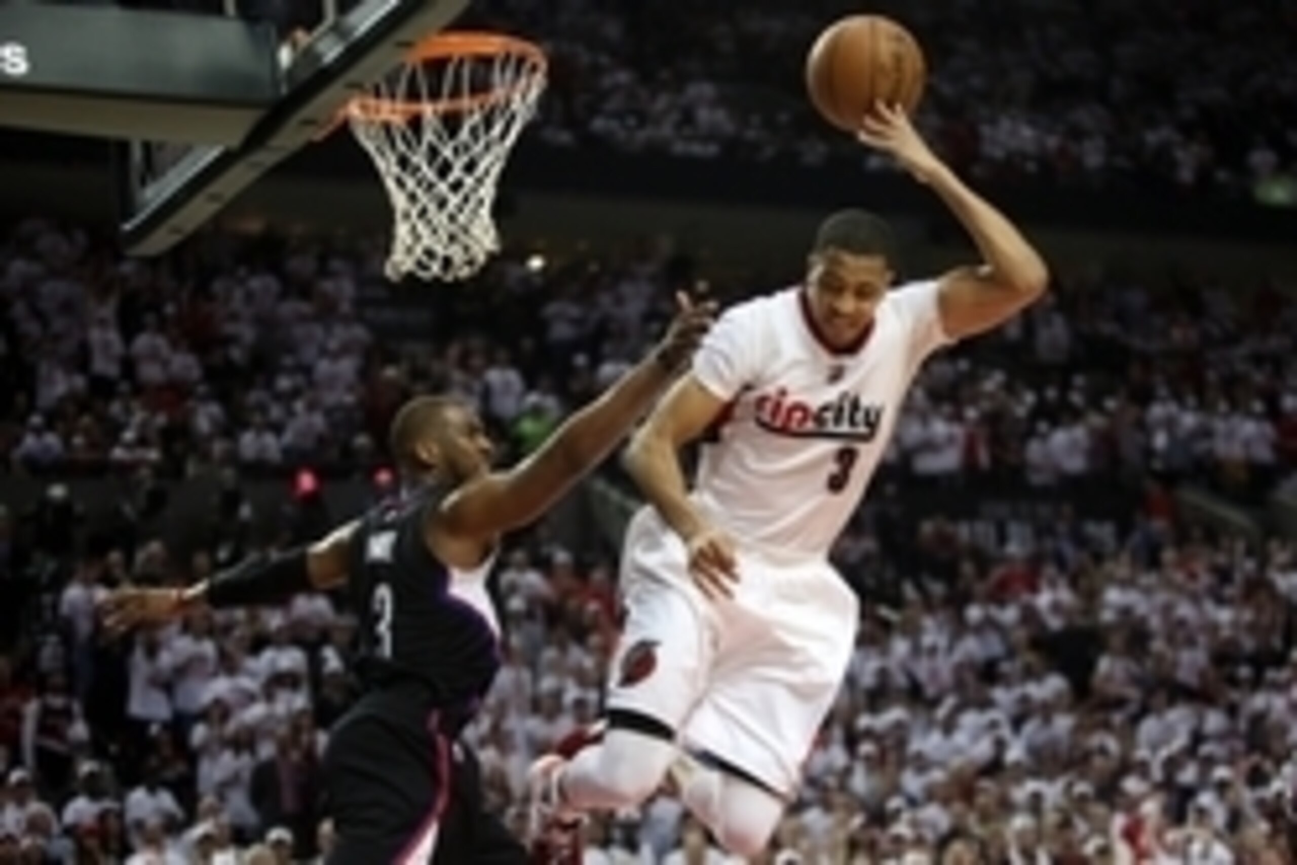 Apr 23, 2016; Portland, OR, USA; Portland Trail Blazers guard C.J. McCollum (3) reacts after being fouled by Los Angeles Clippers guard Chris Paul (3) in the second half in game three of the first round of the NBA Playoffs at Moda Center at the Rose Quart