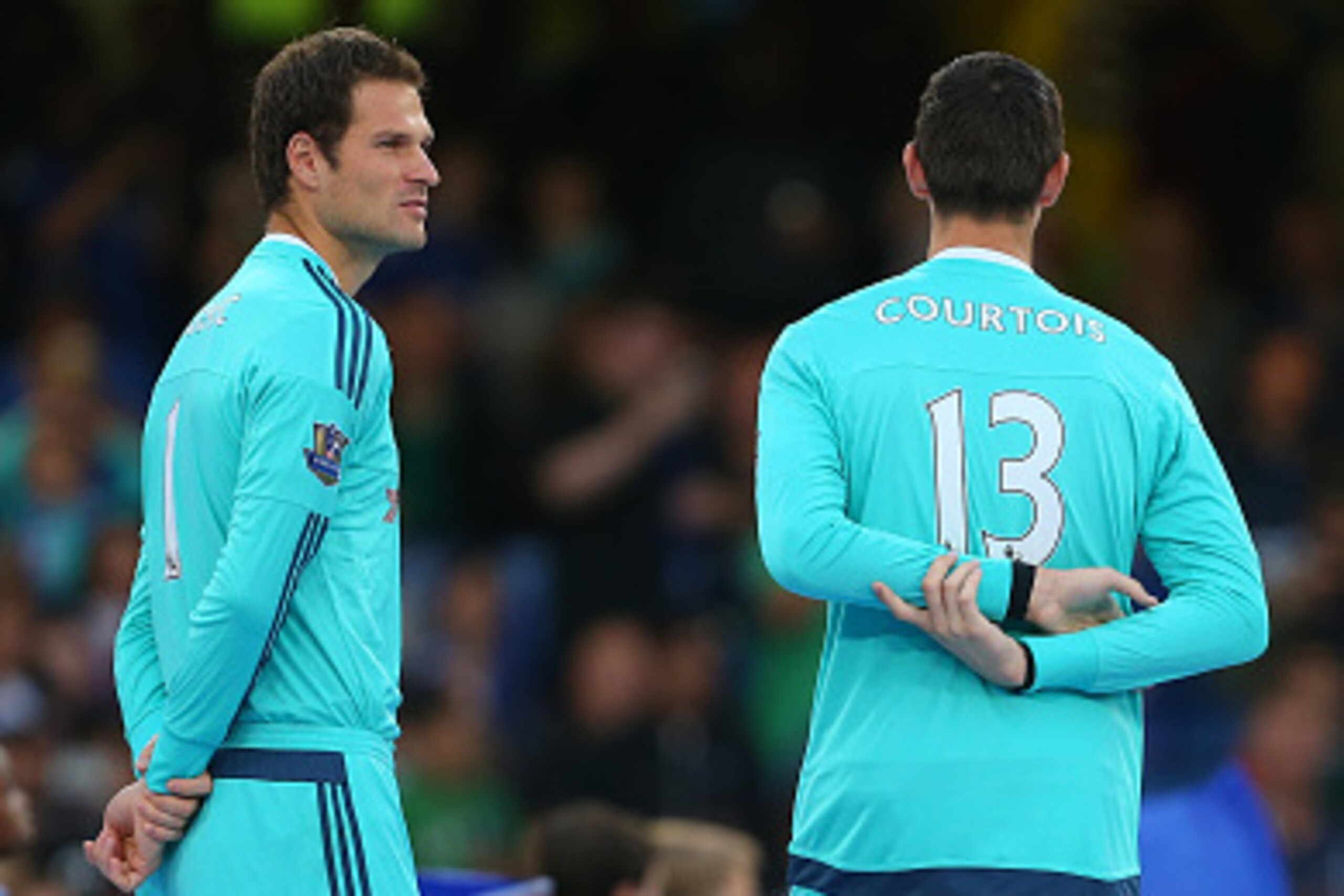 LONDON, ENGLAND - AUGUST 03:  Asmir Begovic stands with Thibaut Courtois and Jamal Blackman of Chelsea during the pre-season friendly between Chelsea and Fiorentina at Stamford Bridge on August 5, 2015 in London, England.  (Photo by Catherine Ivill - AMA/