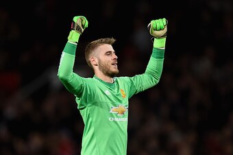 MANCHESTER, ENGLAND - APRIL 20:  David De Gea of Manchester United celebrates after his side scored their second goal during the Barclays Premier League match between Manchester United and Crystal Palace at Old Trafford on April 20, 2016 in Manchester, En