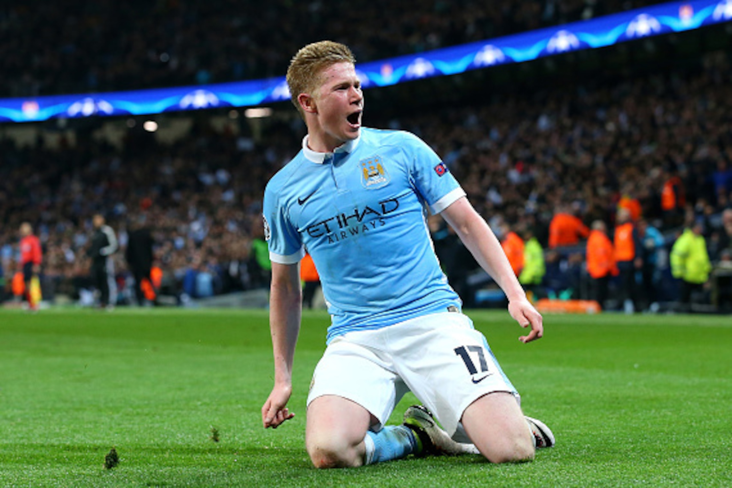 MANCHESTER, UNITED KINGDOM - APRIL 12:  Kevin de Bruyne of Manchester City celebrates as he scores their first goal during the UEFA Champions League quarter final second leg match between Manchester City FC and Paris Saint-Germain at the Etihad Stadium on